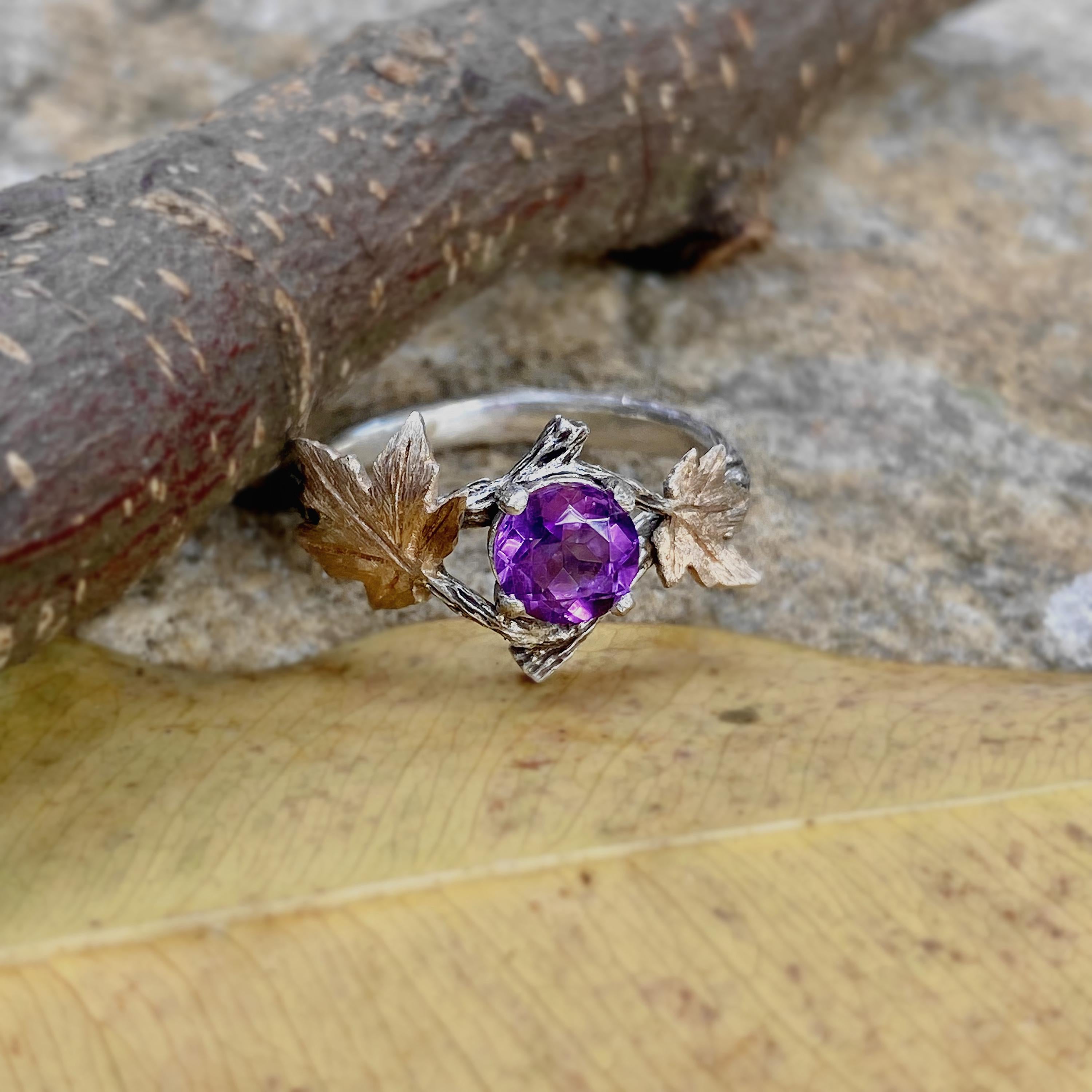 Purely hand-carved branch amethyst wedding band, amethyst bridal silver ring, amethyst leaf branch ring with stone, twig and leaf ring