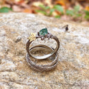 Custom Hand-carved tree branch moss agate couple ring set, couple personalized sterling silver twig wedding ring, engagement ring