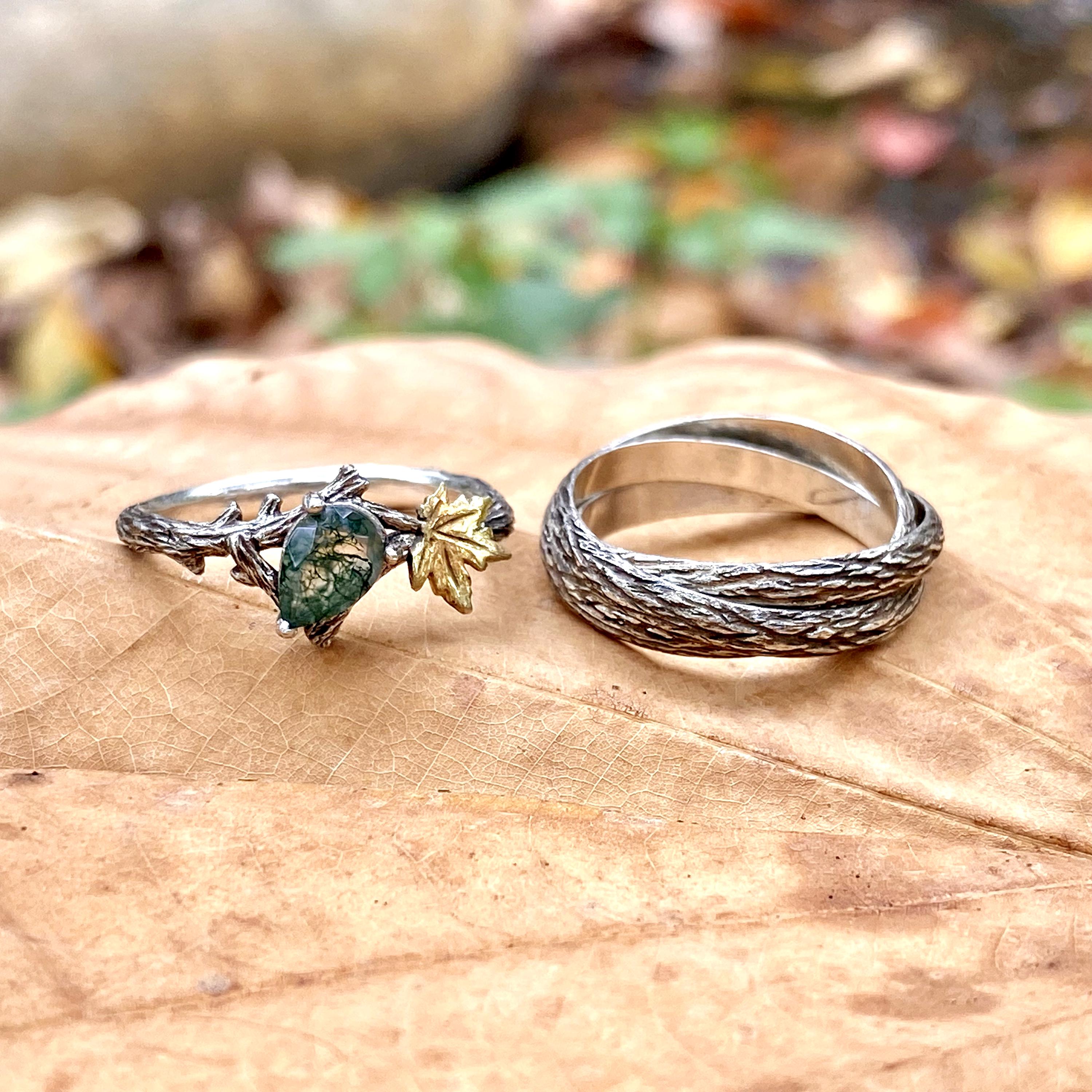 Custom Hand-carved tree branch moss agate couple ring set, couple personalized sterling silver twig wedding ring, engagement ring