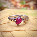 Hand carved sterling silver teardrop-shaped pigeon blood ruby branch ring, twig and maple leaf engagement ring for women, unique forest ring