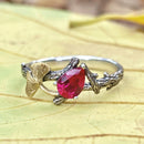 Ruby branch silver ring, branch and leaves engagement ring, women's tree bark ring, Ginkgo leaf and tree ring, fiancee gift,  twig ring