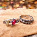 2PC personalized tree branch couple rings, hand-carved sterling silver ring, ruby twig wedding rings, unique couple ring, twig and leaf ring