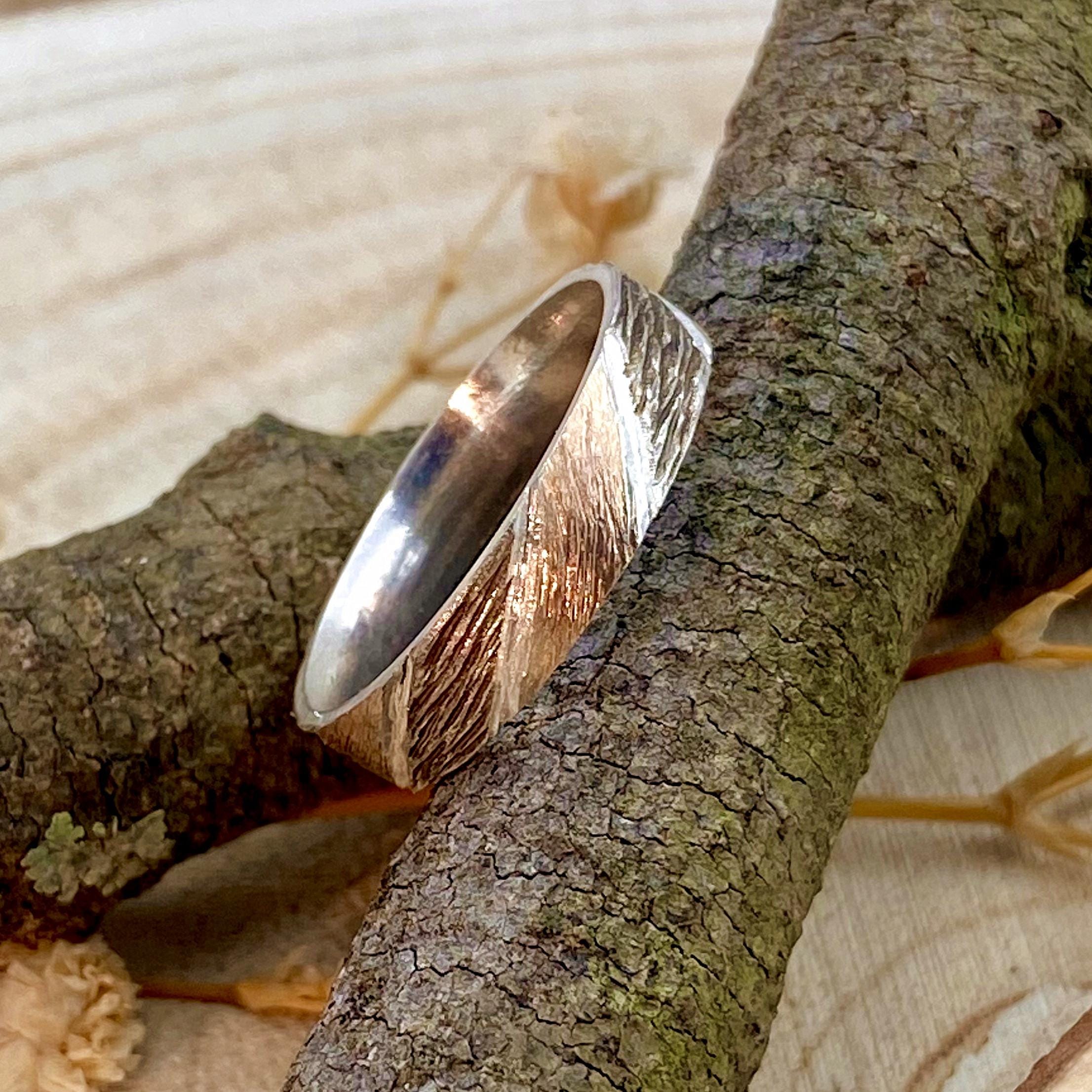 Original design hand carved bark silver ring, geometric band for men and women, unique ring with rose gold plated, engagement band