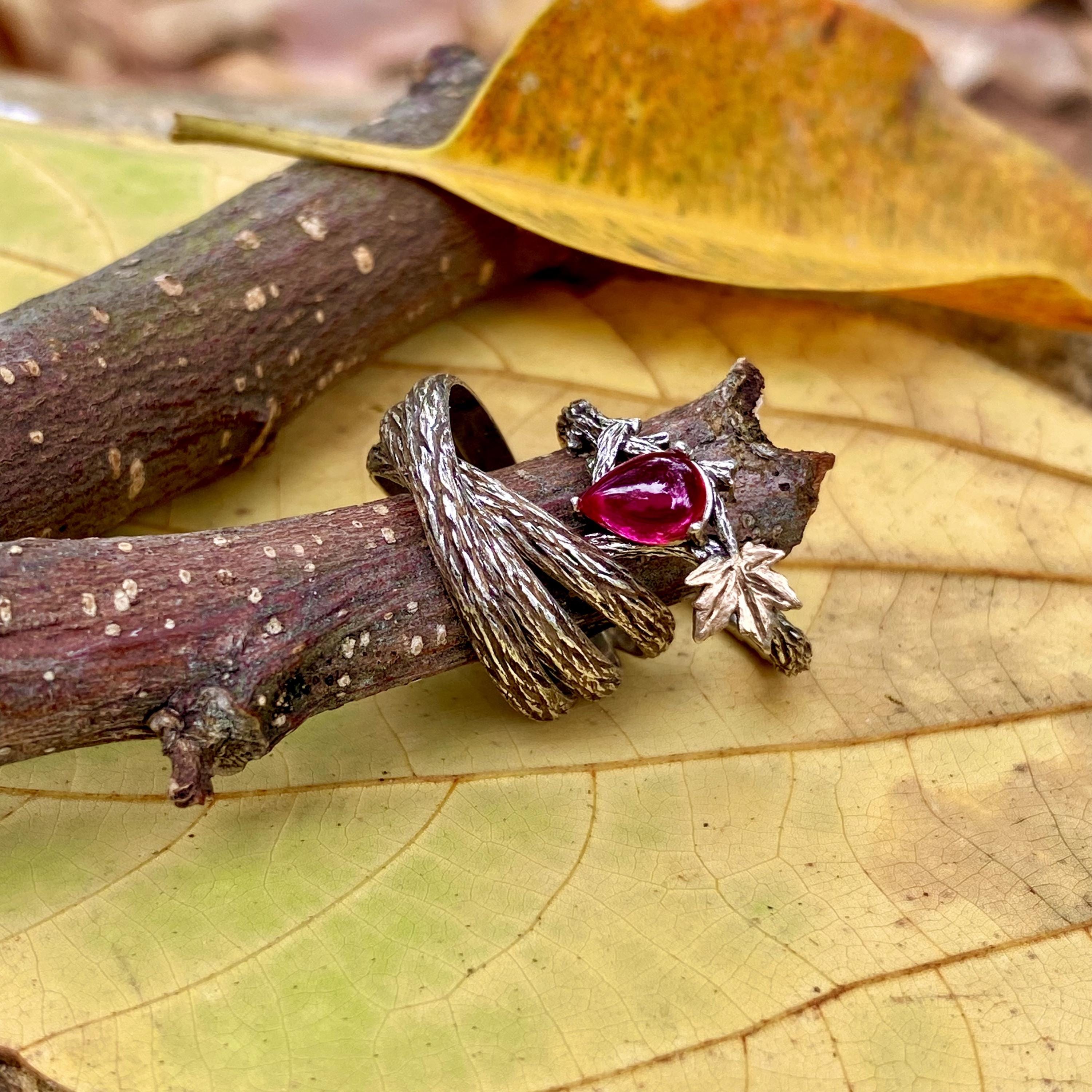 Nature-Inspired Stackable twig Wedding Rings, Hand-Engraved Sterling Silver Maple Leaf Branch Ring, Rustic ruby Ring with Forest,Couple ring