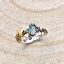 Custom sterling silver natural moss agate branch ring, ginkgo leaf twig ring, birthstone ring, engagement ring, forest promise ring for her