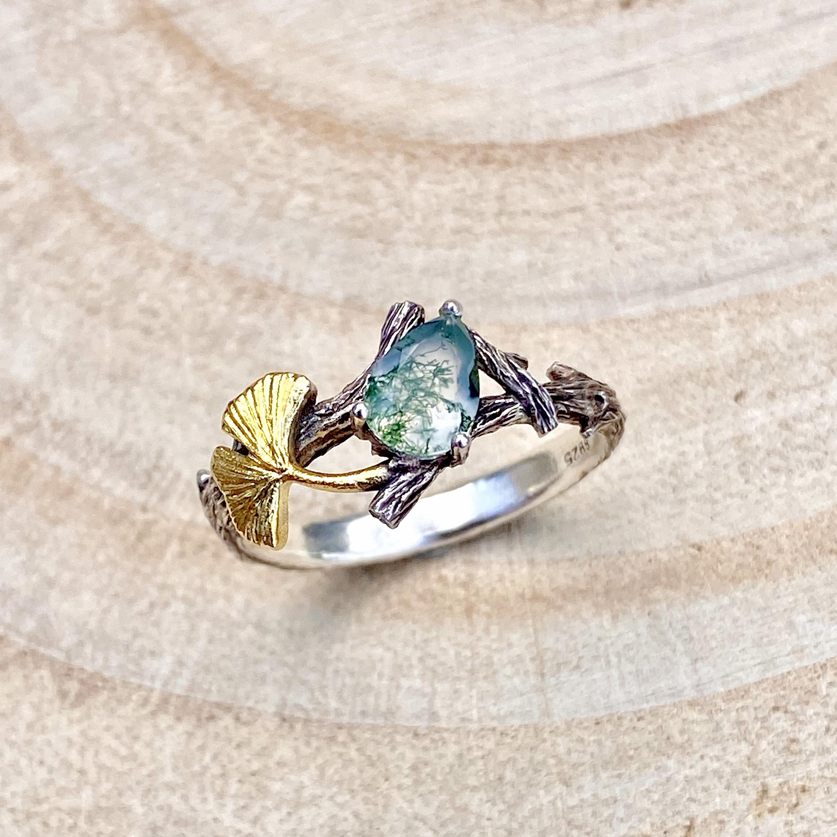 Custom sterling silver natural moss agate branch ring, ginkgo leaf twig ring, birthstone ring, engagement ring, forest promise ring for her