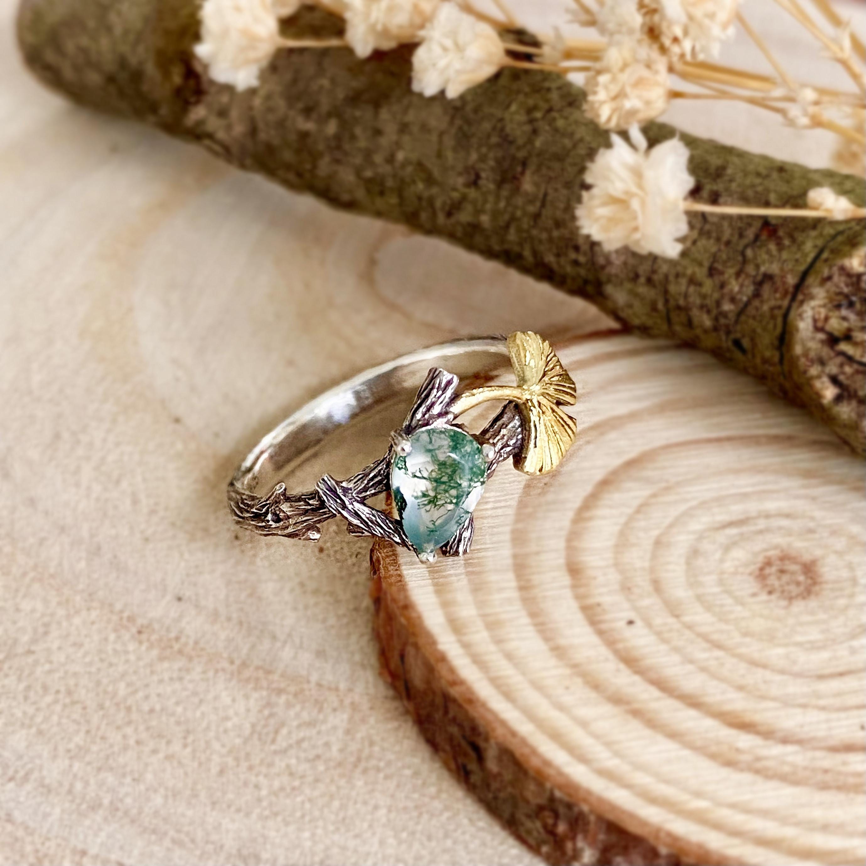 Custom sterling silver natural moss agate branch ring, ginkgo leaf twig ring, birthstone ring, engagement ring, forest promise ring for her