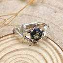 Nature round moss agate branch wedding ring, unusual bark maple leaf ring, unique twig ring, women's rustic ring, branch ring for women