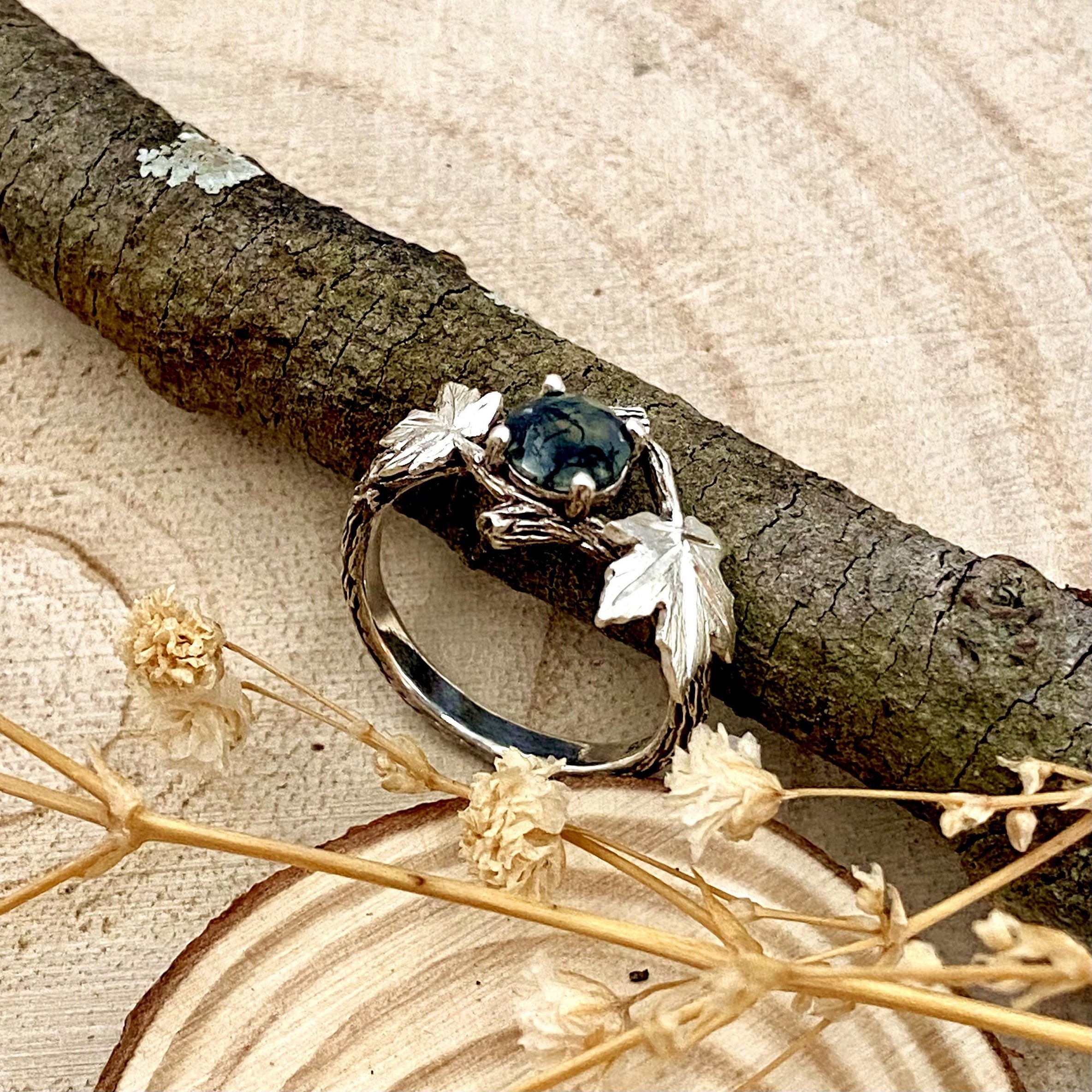 Nature round moss agate branch wedding ring, unusual bark maple leaf ring, unique twig ring, women's rustic ring, branch ring for women