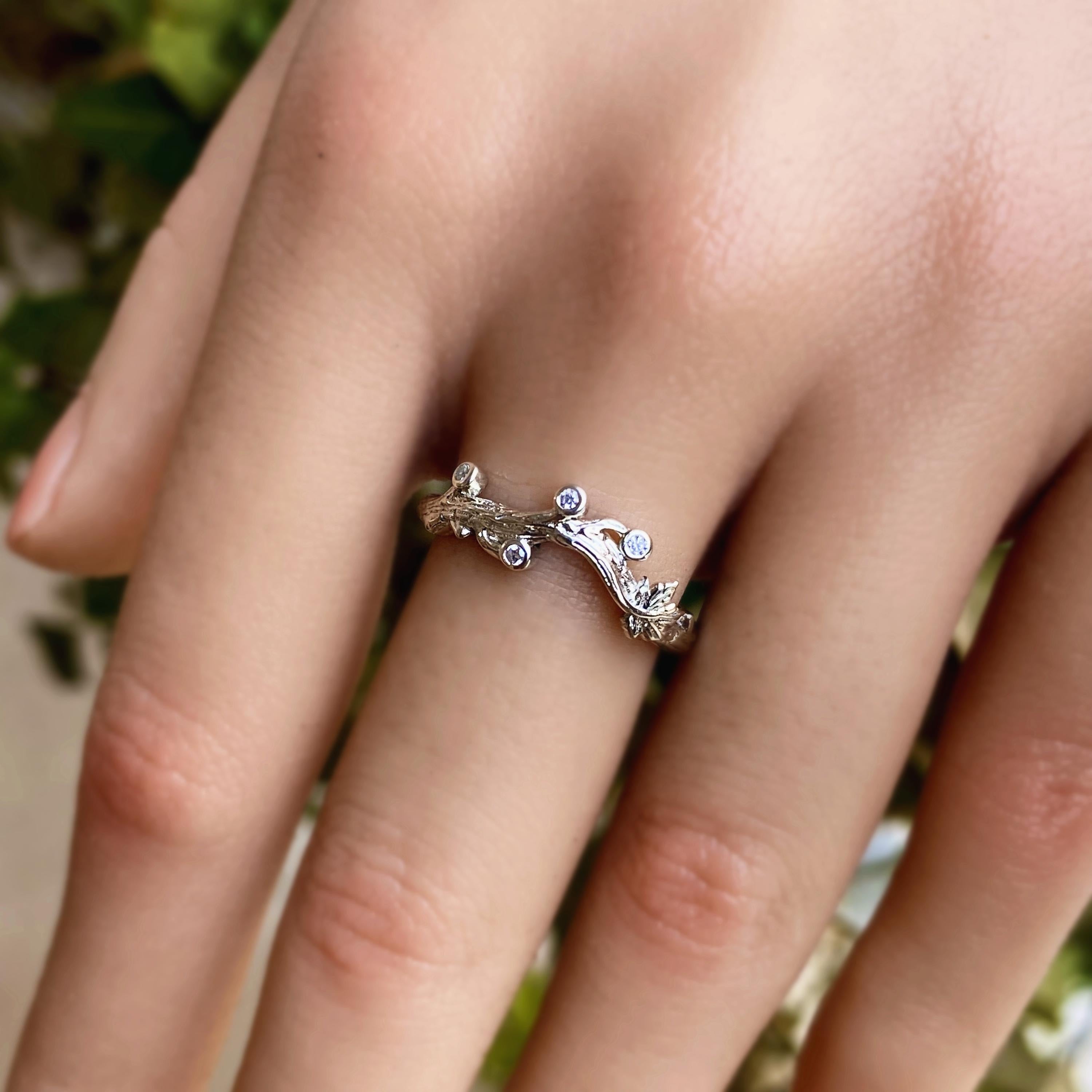 Sterling silver branch leaf white crystal engagement ring, vine leaf women's band, Woodbark ring with leaf, branch ring with stone