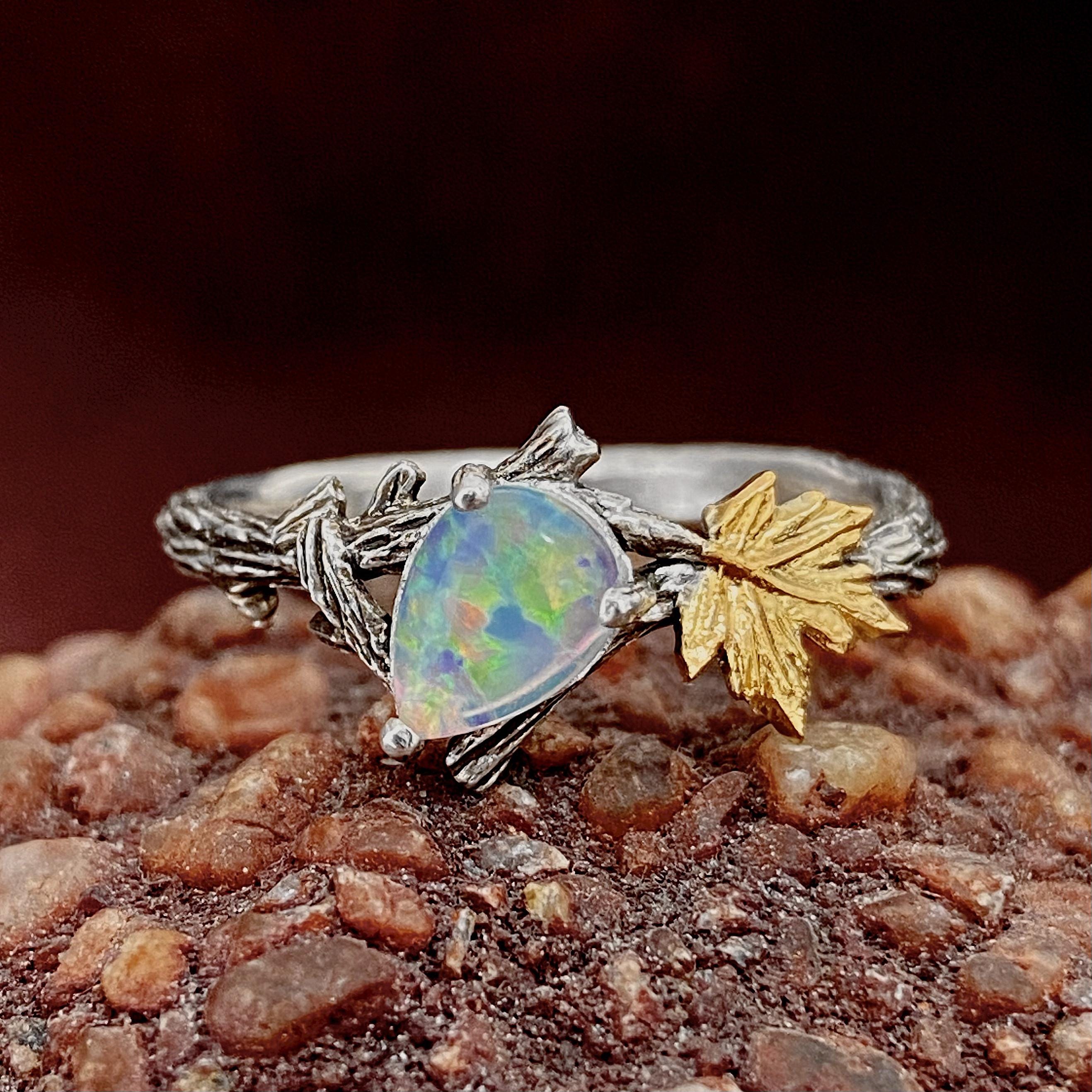 Custom opal branch sterling silver ring, maple branch ring, twig and leaf ring, engagement ring, october birthstone ring, unique gift