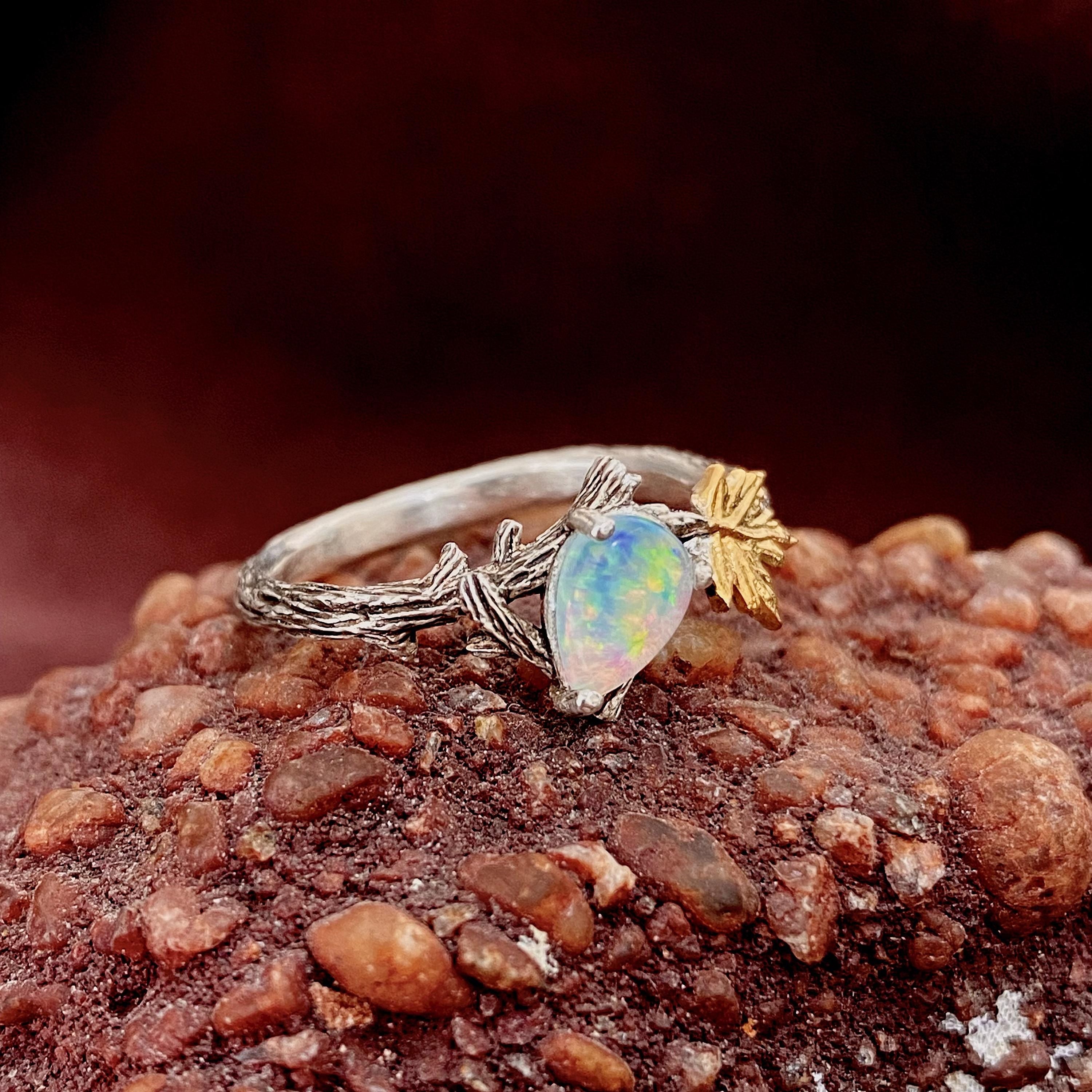 Custom opal branch sterling silver ring, maple branch ring, twig and leaf ring, engagement ring, october birthstone ring, unique gift