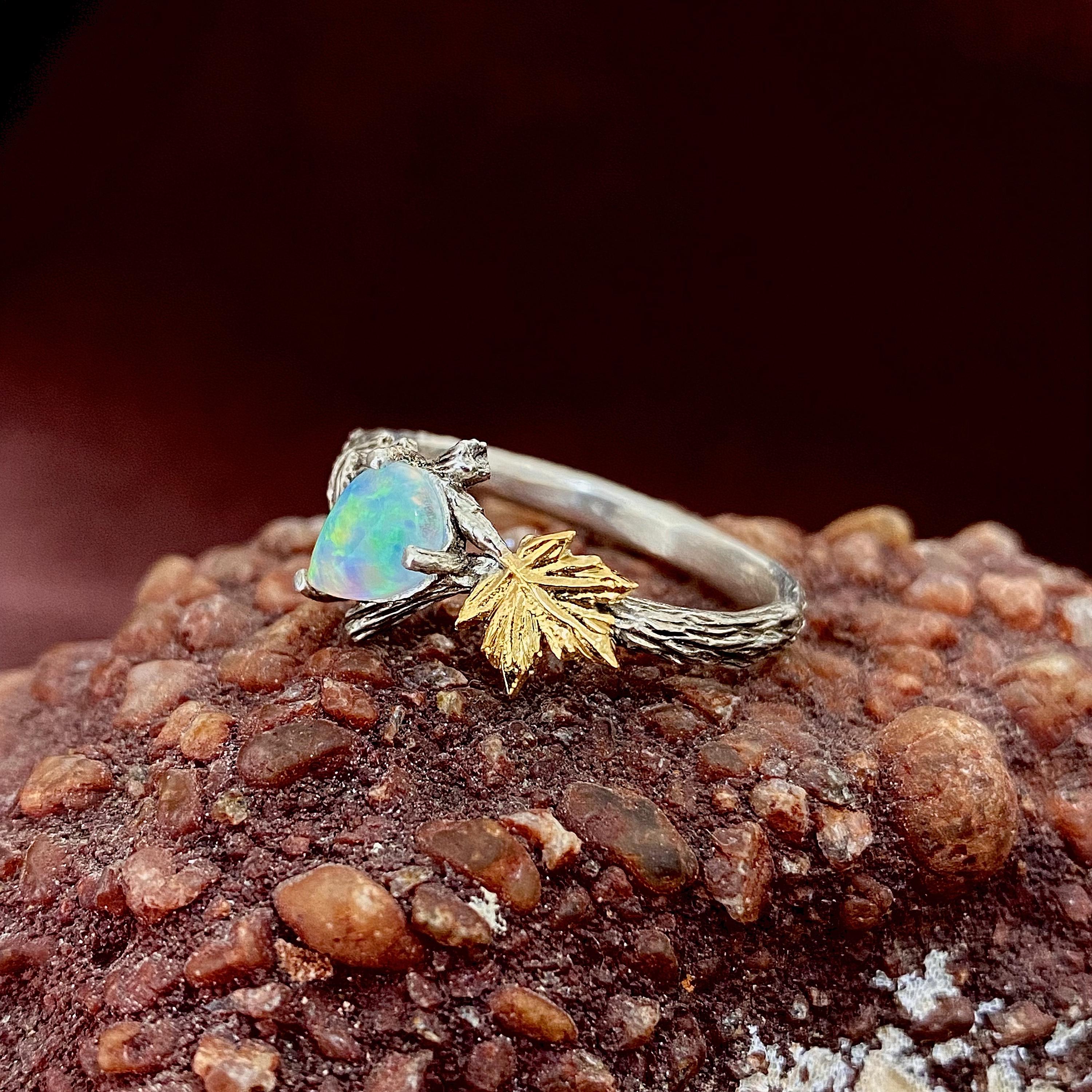 Custom opal branch sterling silver ring, maple branch ring, twig and leaf ring, engagement ring, october birthstone ring, unique gift