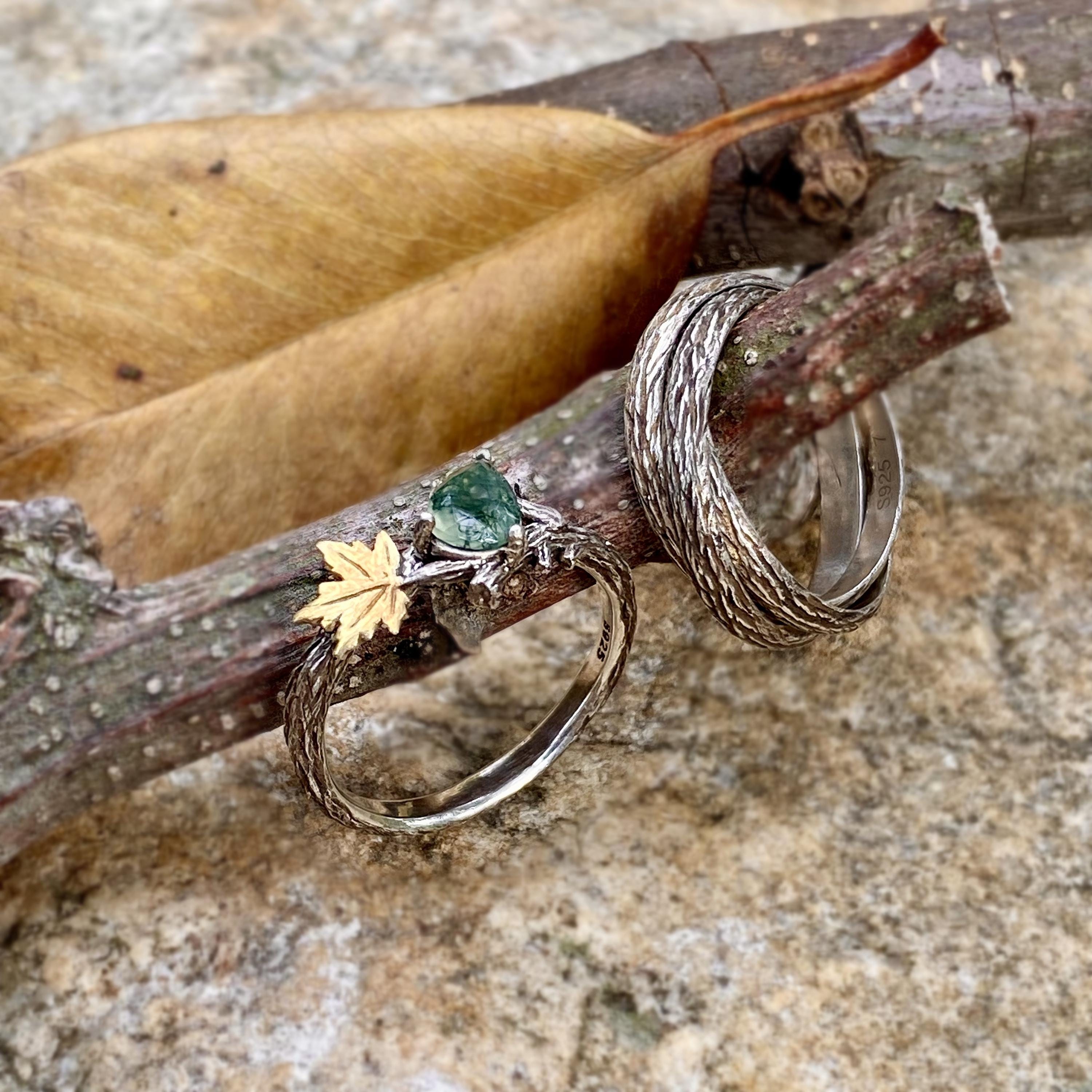 Custom Hand-carved tree branch moss agate couple ring set, couple personalized sterling silver twig wedding ring, engagement ring