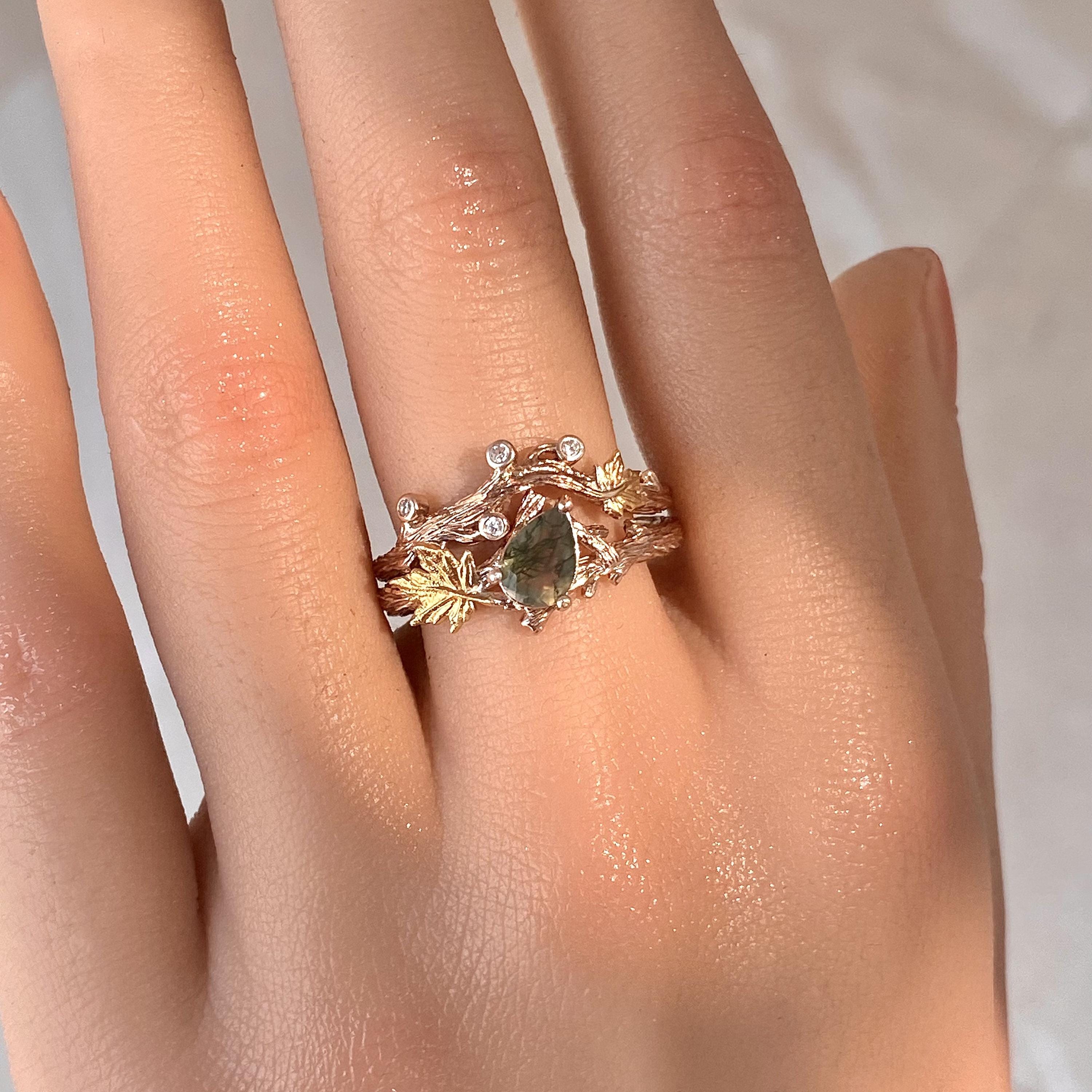 Natural moss agate silver branch ring set, personalized branch stacking rings, rose gold vine leaf ring, twig engagement ring, promise ring