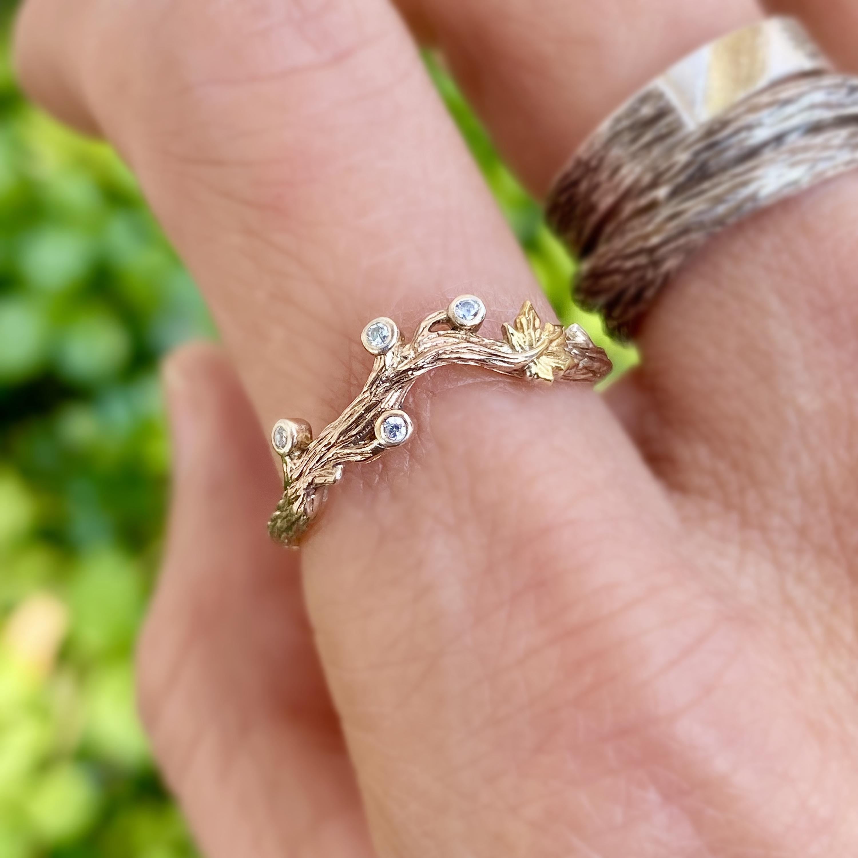 Custom Sterling Silver/14K Gold Tree Branch and Maple Leaf Ring, Natural Engagement Ring, Stackable Ring for Women, Unique Bridal Vine Ring