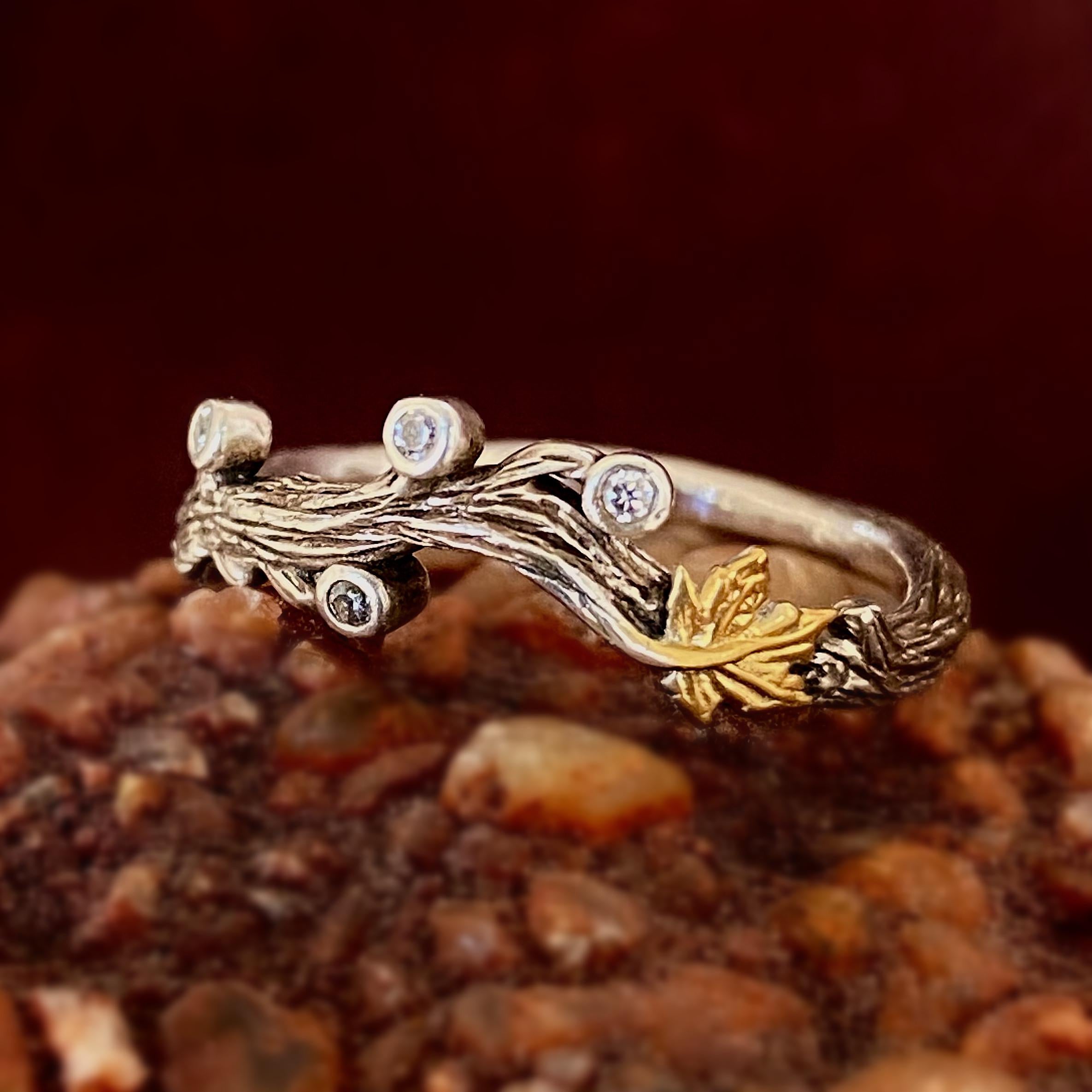 Branch maple leaf sterling silver ring, hand carved bark ring, small zircon vine leaf ring, oxidized distressed vintage twig leaf ring