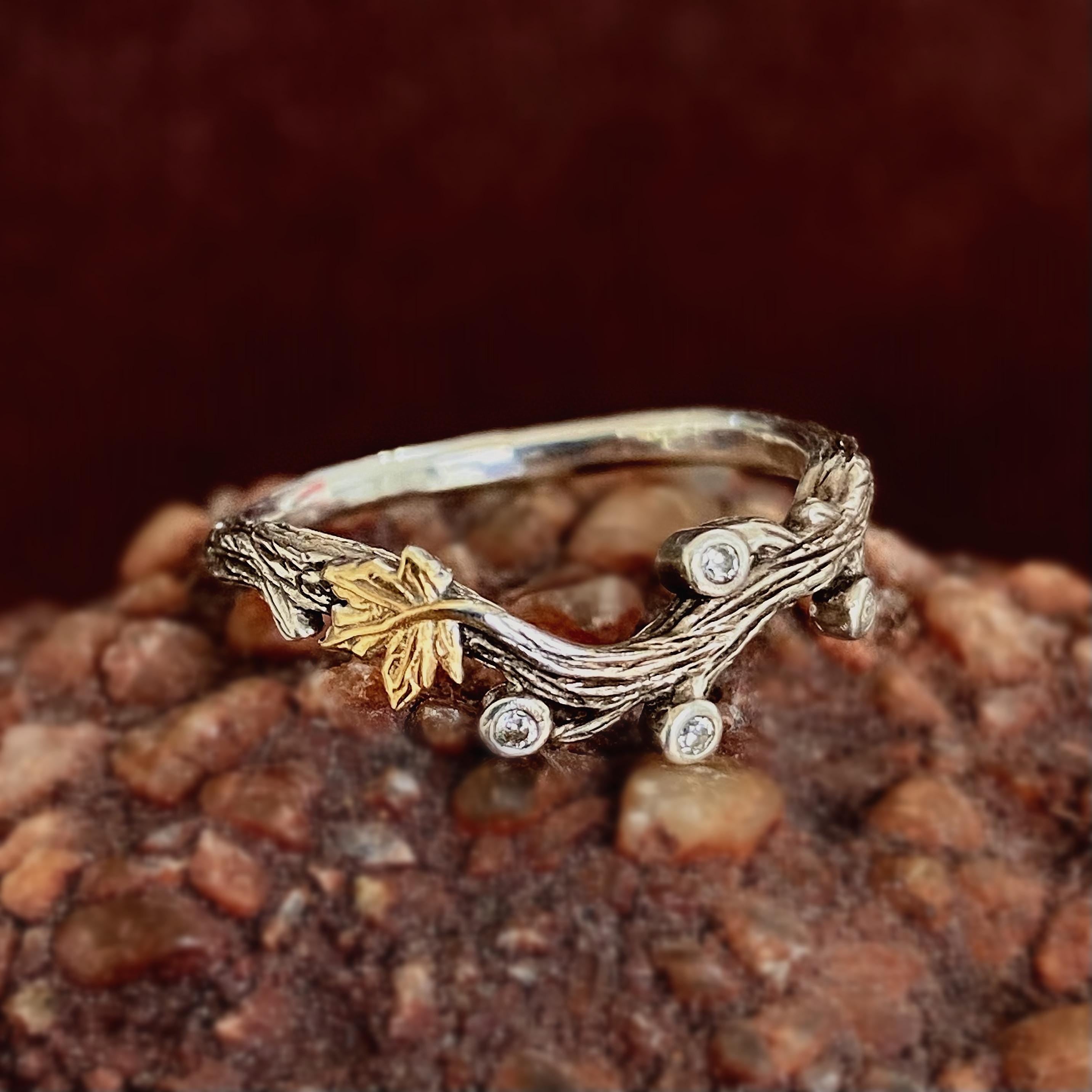 Branch maple leaf sterling silver ring, hand carved bark ring, small zircon vine leaf ring, oxidized distressed vintage twig leaf ring