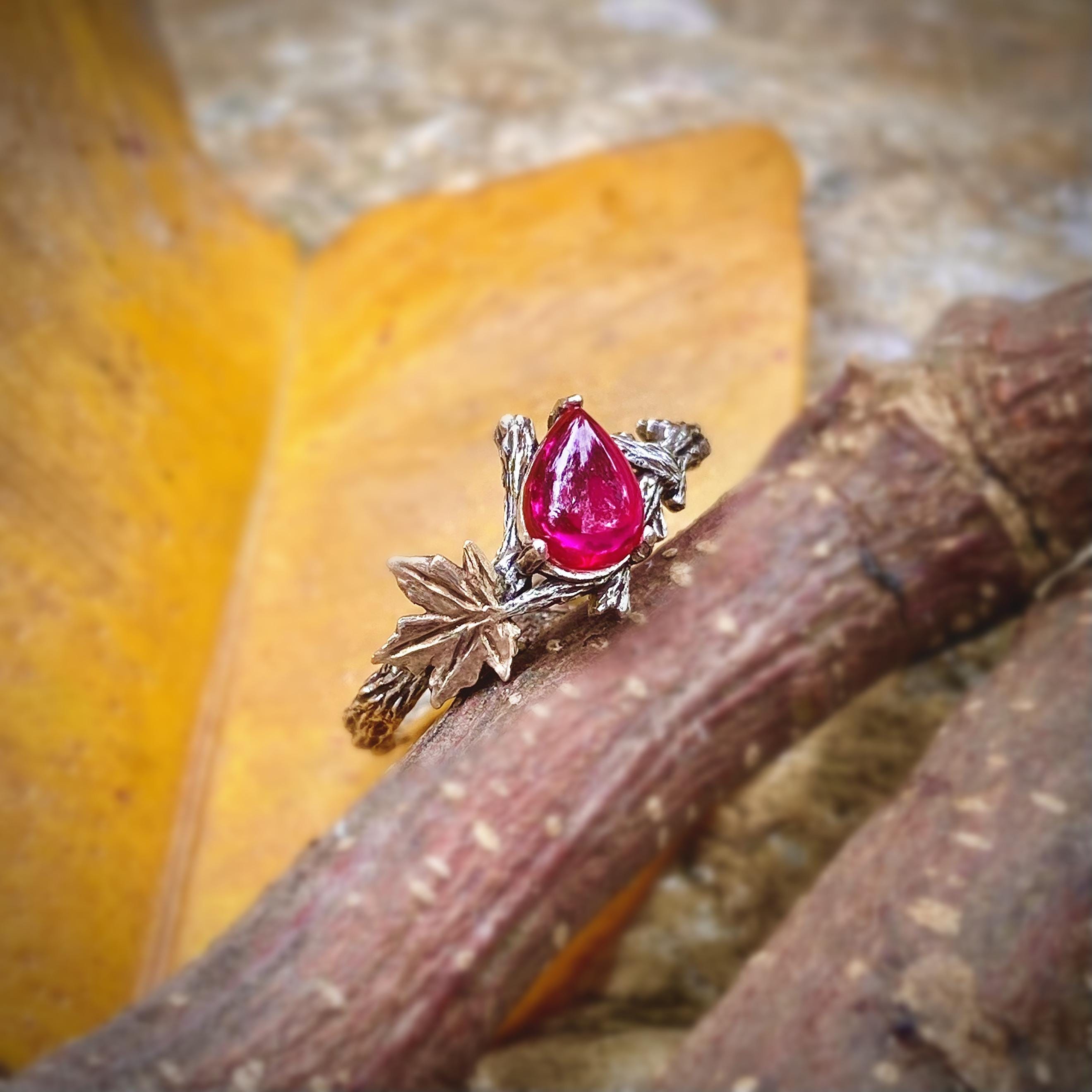 Hand carved sterling silver teardrop-shaped pigeon blood ruby branch ring, twig and maple leaf engagement ring for women, unique forest ring