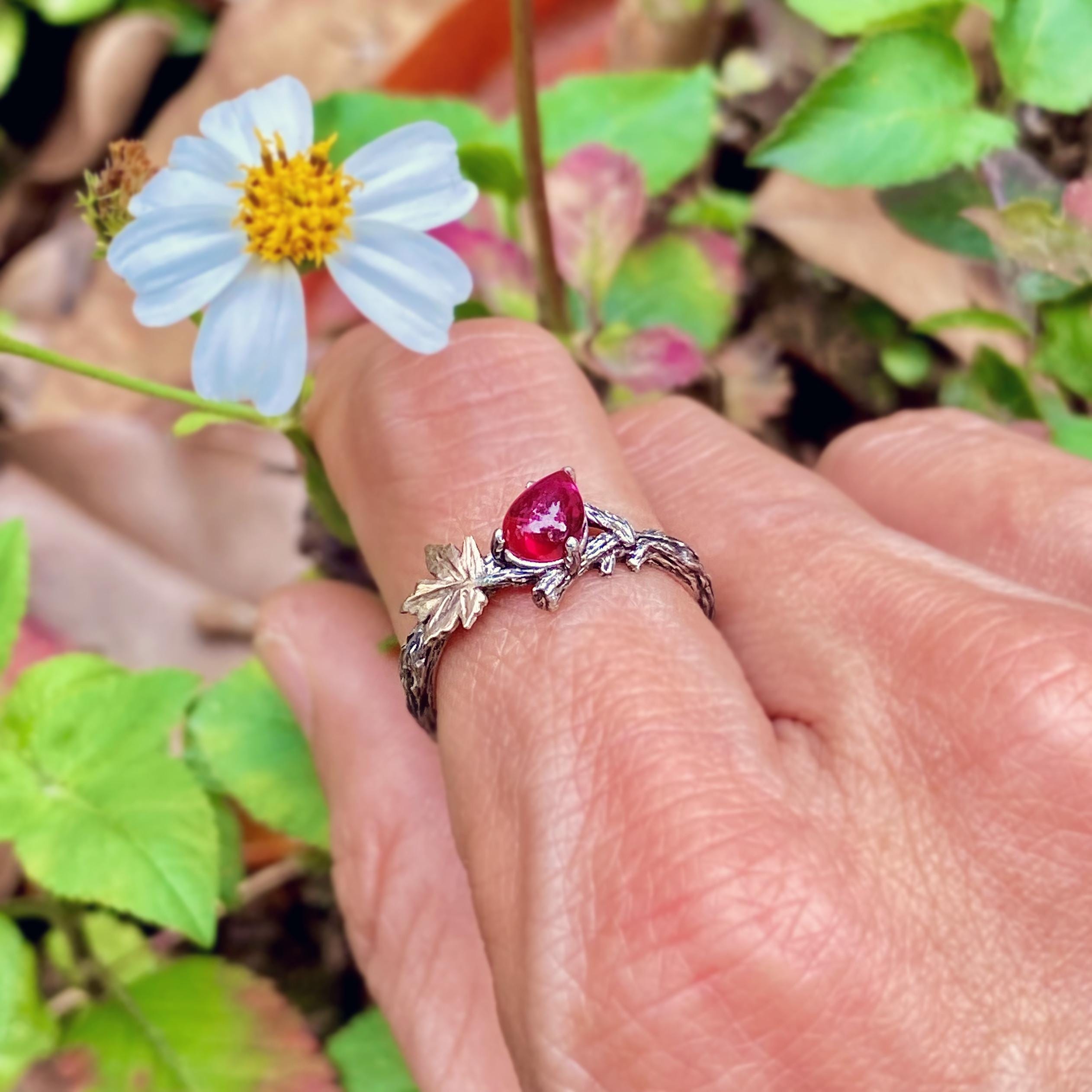 Hand carved sterling silver teardrop-shaped pigeon blood ruby branch ring, twig and maple leaf engagement ring for women, unique forest ring