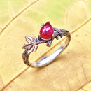 Hand carved sterling silver teardrop-shaped pigeon blood ruby branch ring, twig and maple leaf engagement ring for women, unique forest ring