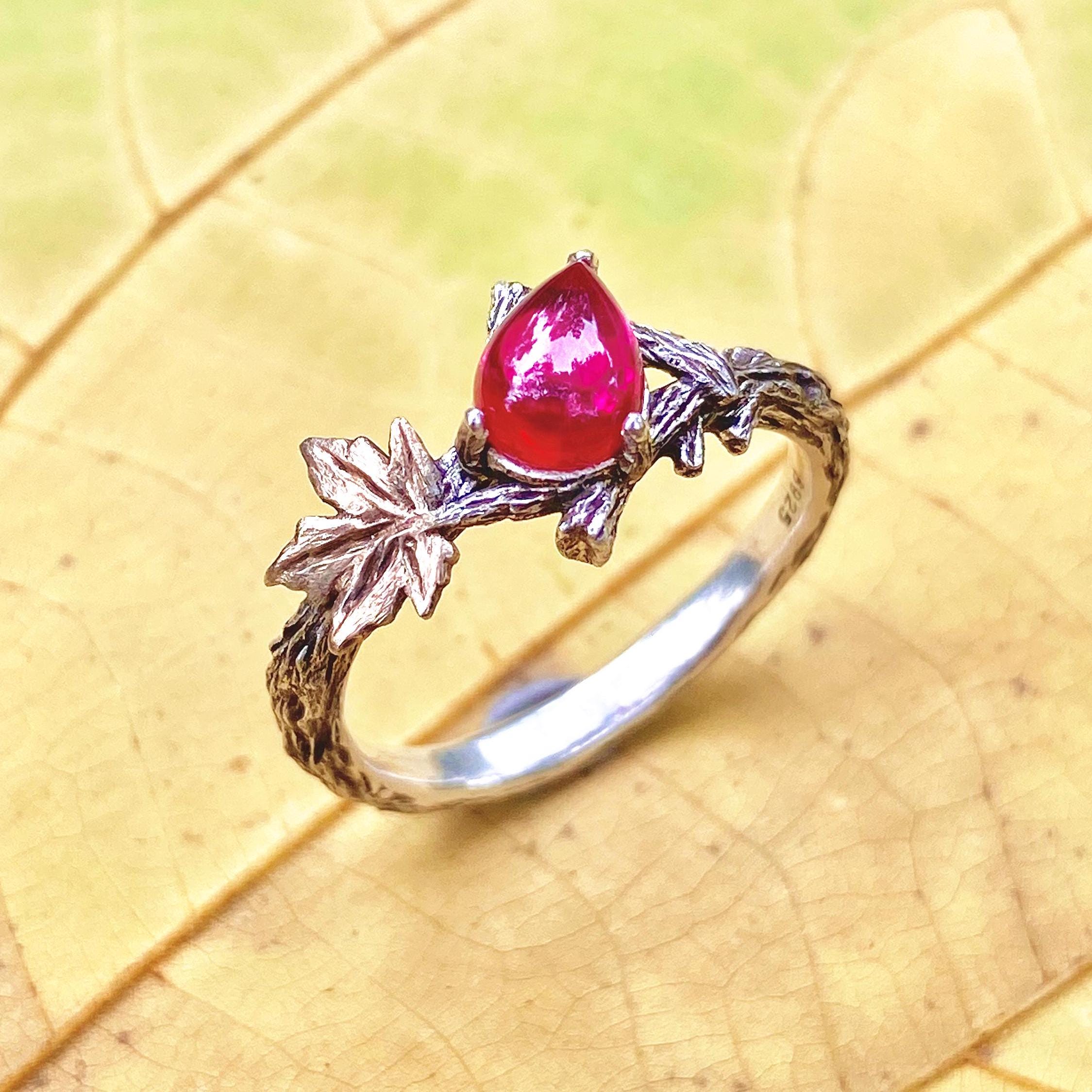 Hand carved sterling silver teardrop-shaped pigeon blood ruby branch ring, twig and maple leaf engagement ring for women, unique forest ring