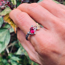 Ruby branch silver ring, branch and leaves engagement ring, women's tree bark ring, Ginkgo leaf and tree ring, fiancee gift,  twig ring