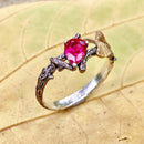 Ruby branch silver ring, branch and leaves engagement ring, women's tree bark ring, Ginkgo leaf and tree ring, fiancee gift,  twig ring