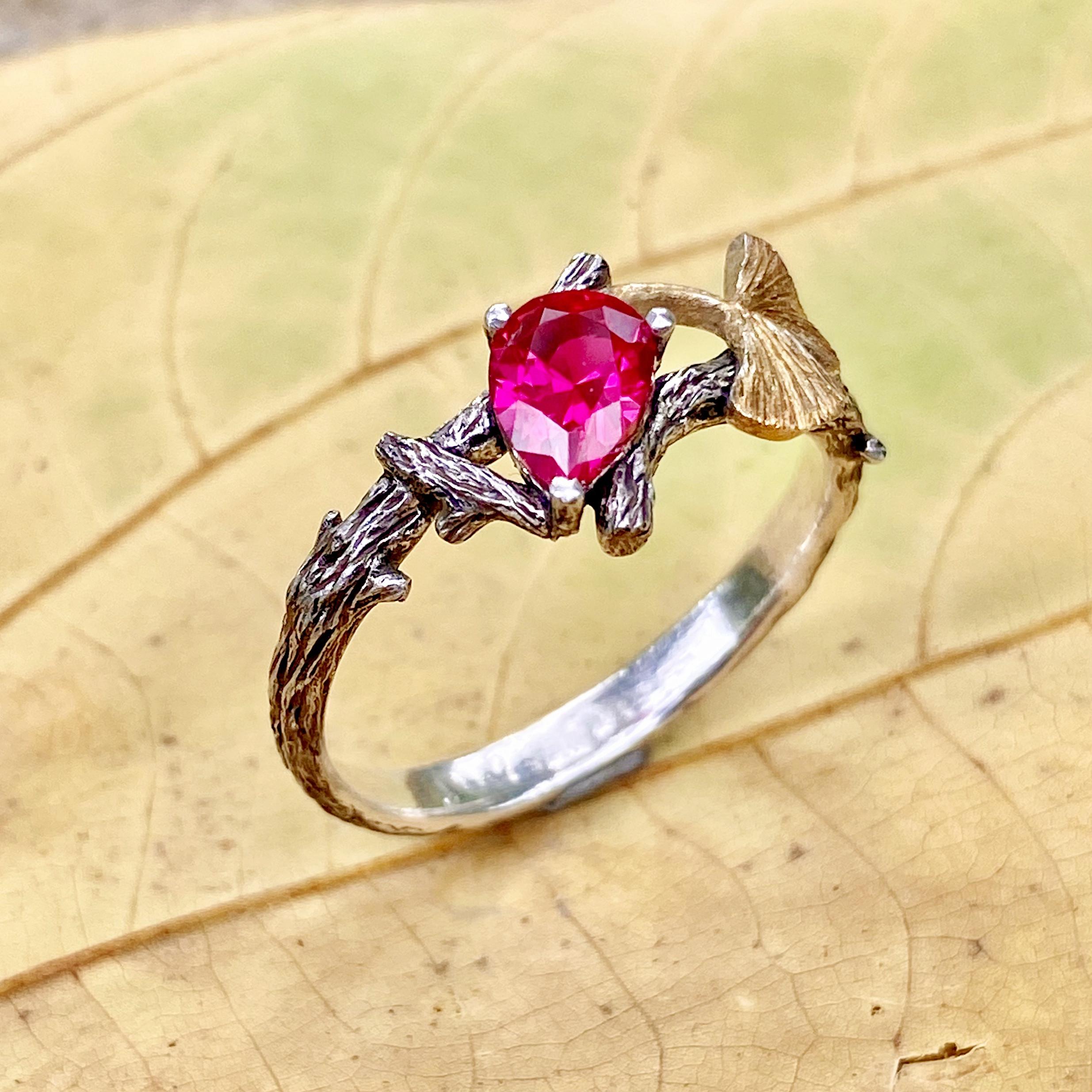 Ruby branch silver ring, branch and leaves engagement ring, women's tree bark ring, Ginkgo leaf and tree ring, fiancee gift,  twig ring