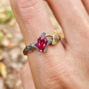 Ruby branch silver ring, branch and leaves engagement ring, women's tree bark ring, Ginkgo leaf and tree ring, fiancee gift,  twig ring