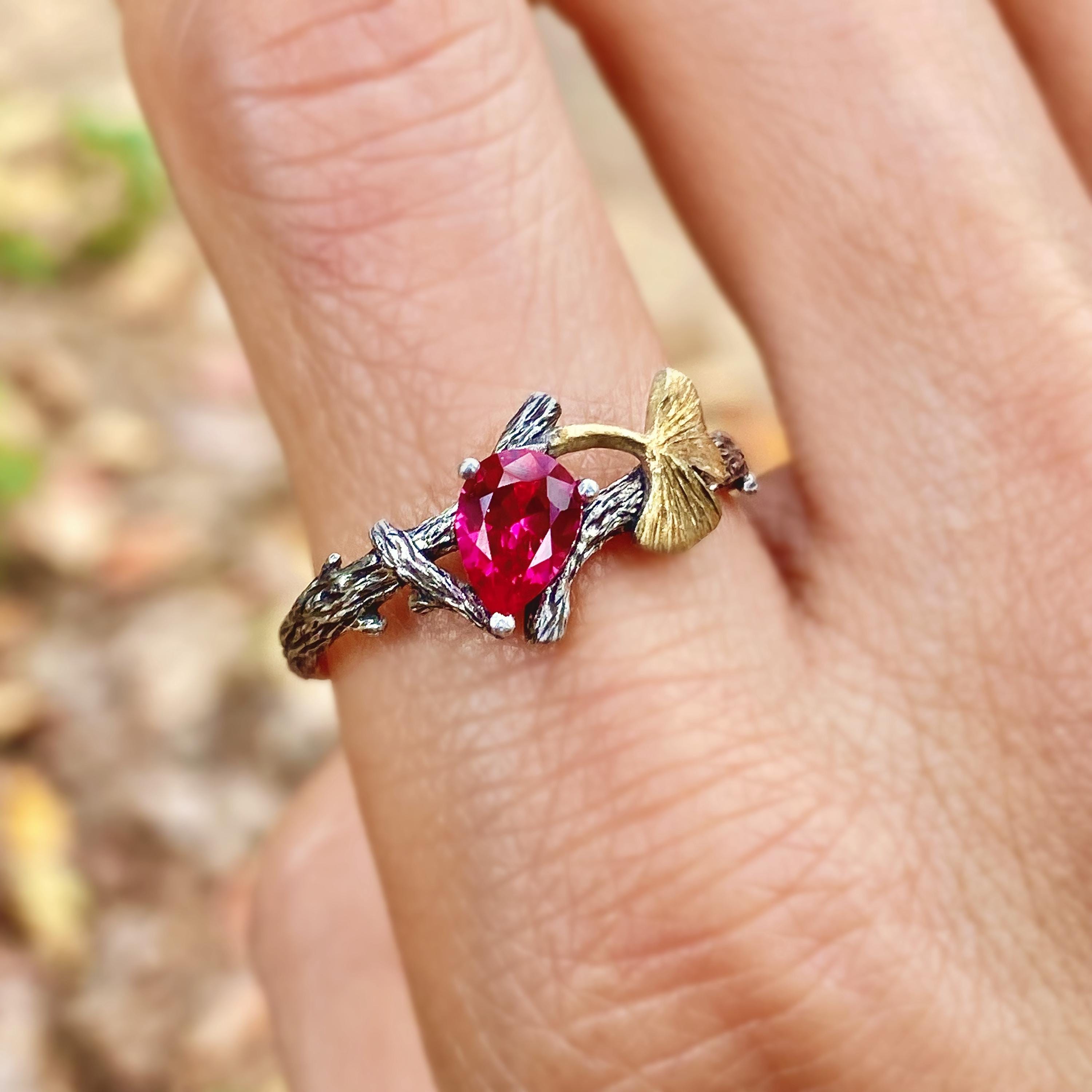 Ruby branch silver ring, branch and leaves engagement ring, women's tree bark ring, Ginkgo leaf and tree ring, fiancee gift,  twig ring