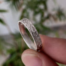 S999 silver wedding band, statement band for men and women, original designs and hand-carved rings, geometric and vintage bark texture rings