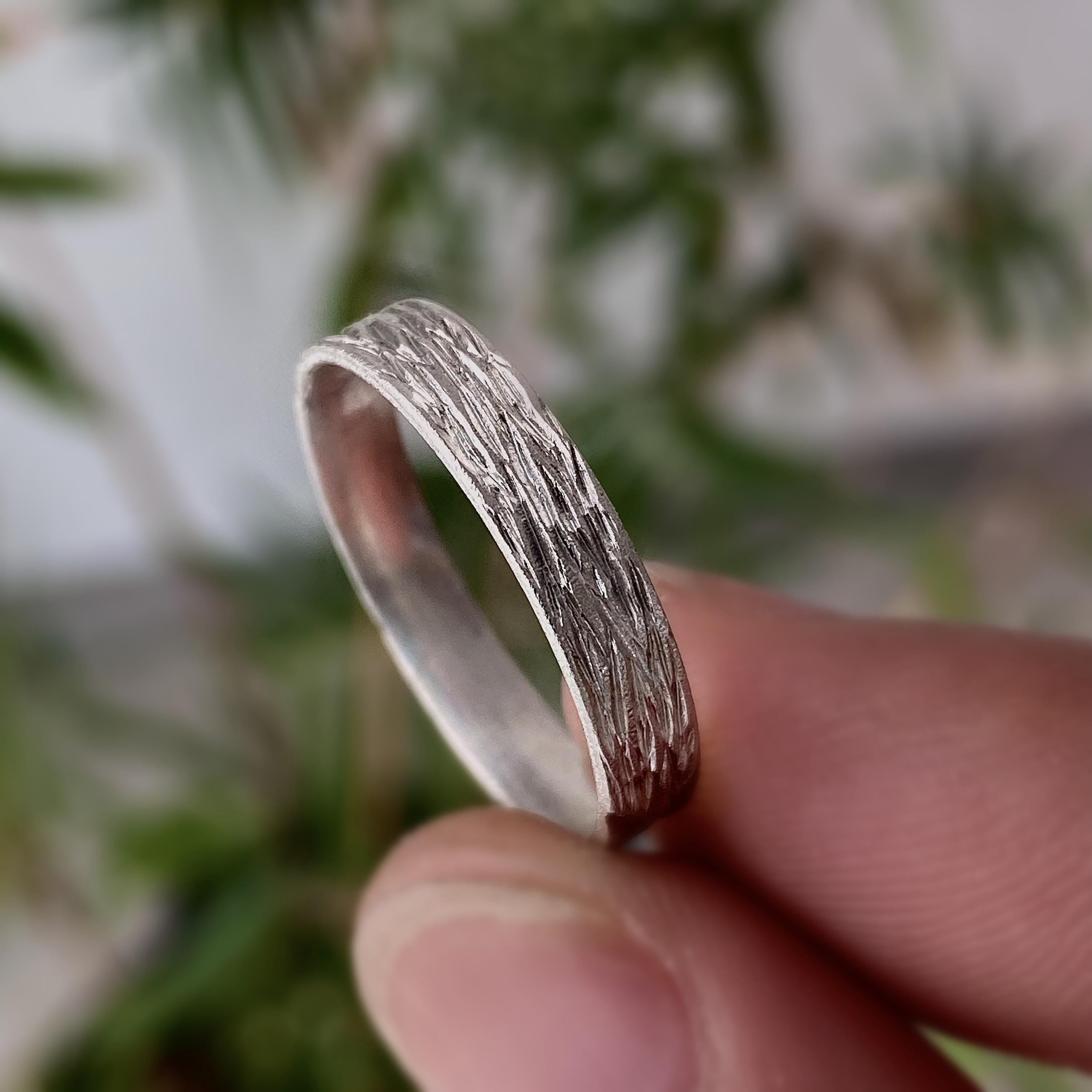 S999 silver wedding band, statement band for men and women, original designs and hand-carved rings, geometric and vintage bark texture rings
