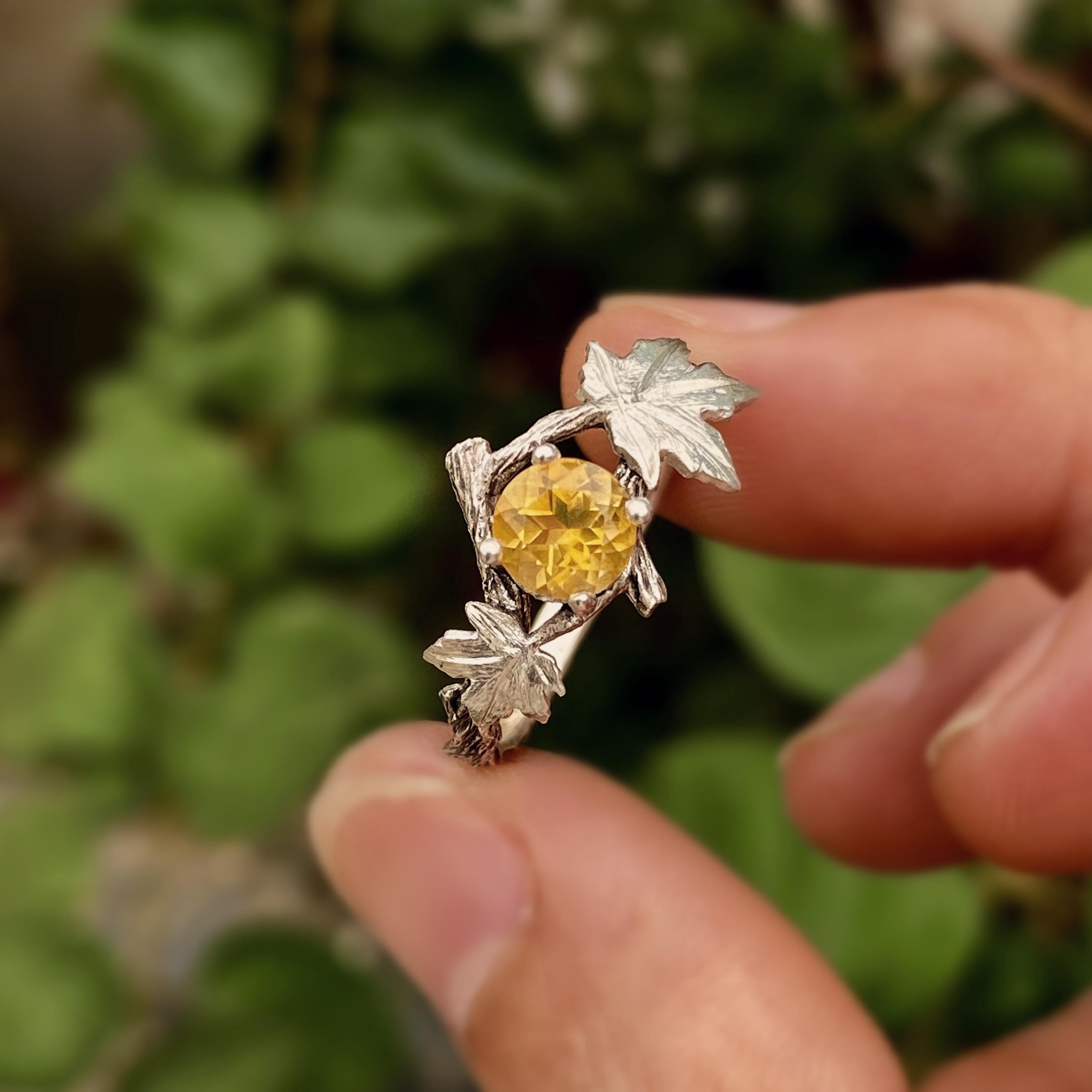 Natural citrine sterling silver tree branch ring, hand carved bark band, twig and maple leaf ring, engagement promise ring, gift for wife