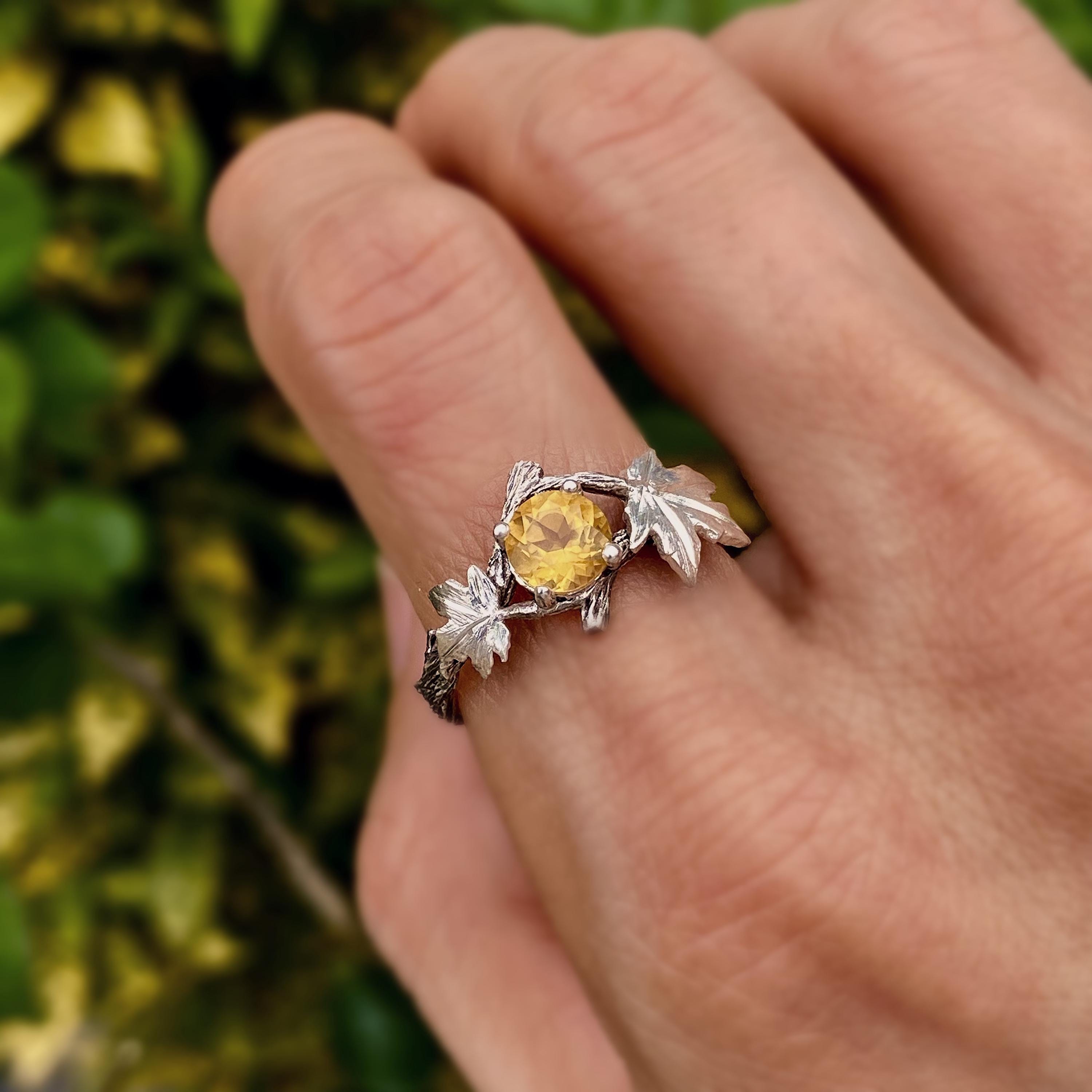 Natural citrine sterling silver tree branch ring, hand carved bark band, twig and maple leaf ring, engagement promise ring, gift for wife