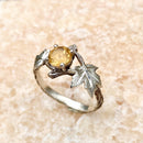 Natural citrine sterling silver tree branch ring, hand carved bark band, twig and maple leaf ring, engagement promise ring, gift for wife