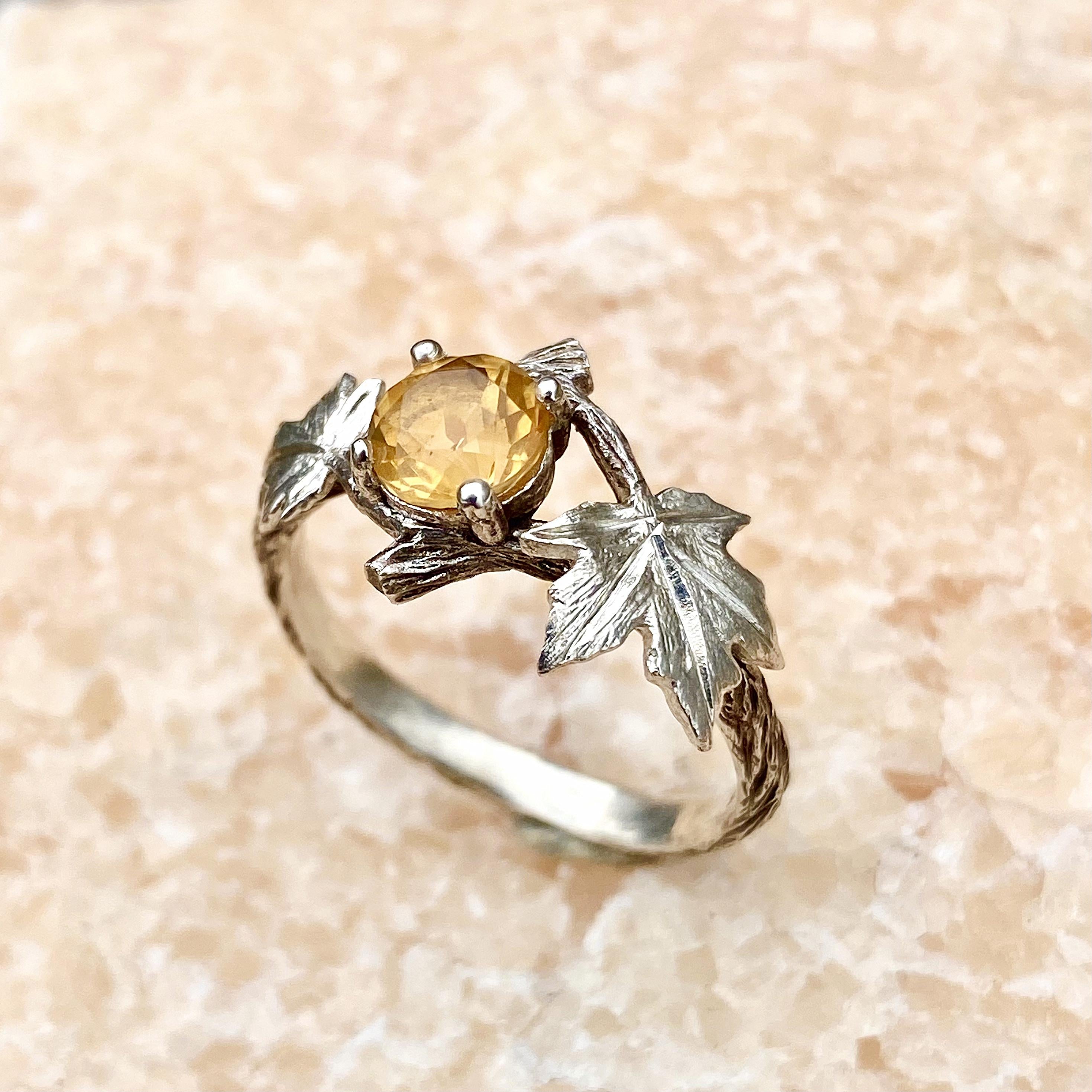 Natural citrine sterling silver tree branch ring, hand carved bark band, twig and maple leaf ring, engagement promise ring, gift for wife