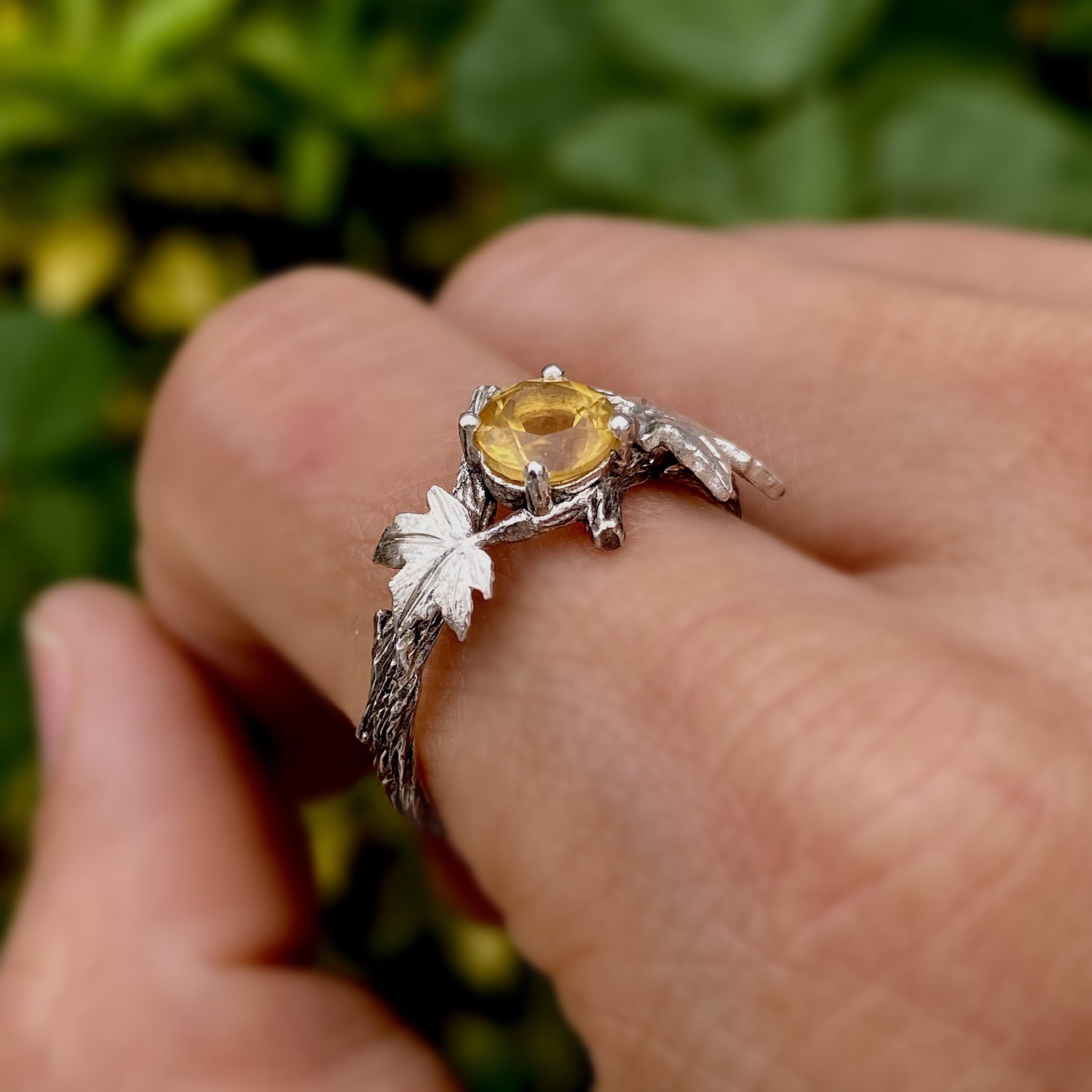 Natural citrine sterling silver tree branch ring, hand carved bark band, twig and maple leaf ring, engagement promise ring, gift for wife