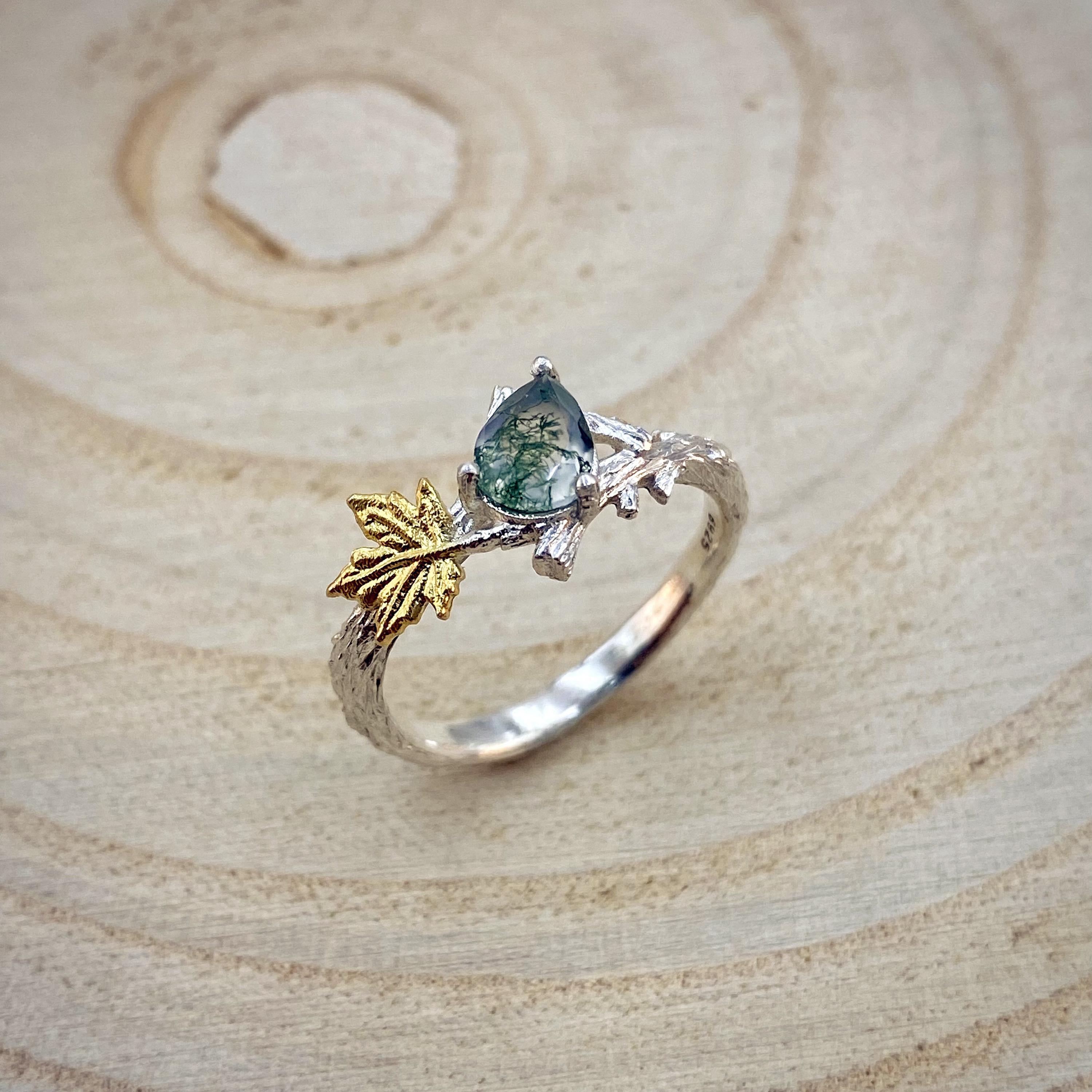 Plain silver carved tree branch natural moss agate ring, tree branch ring with stone, unique engagement ring, rustic country ring