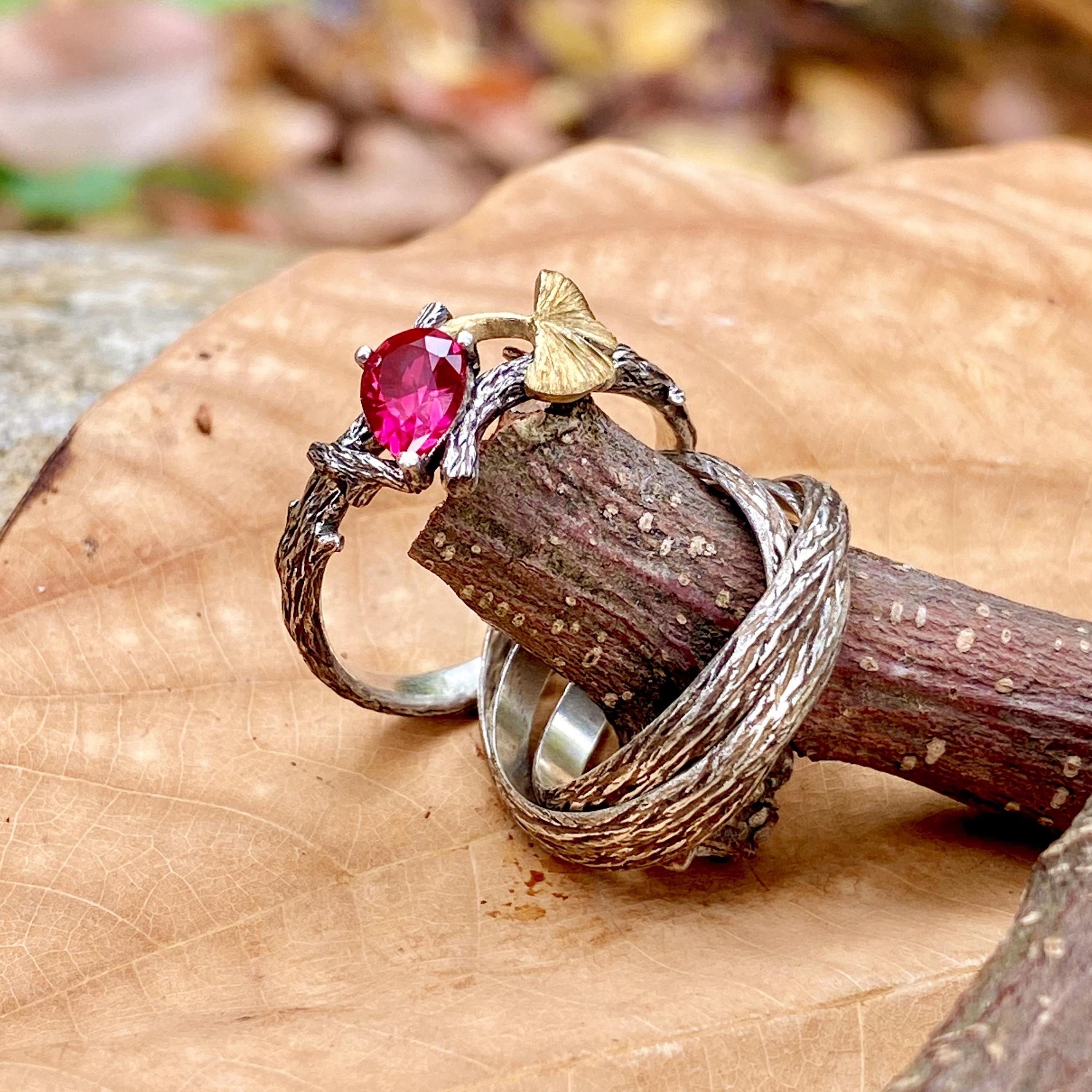 2PC personalized tree branch couple rings, hand-carved sterling silver ring, ruby twig wedding rings, unique couple ring, twig and leaf ring