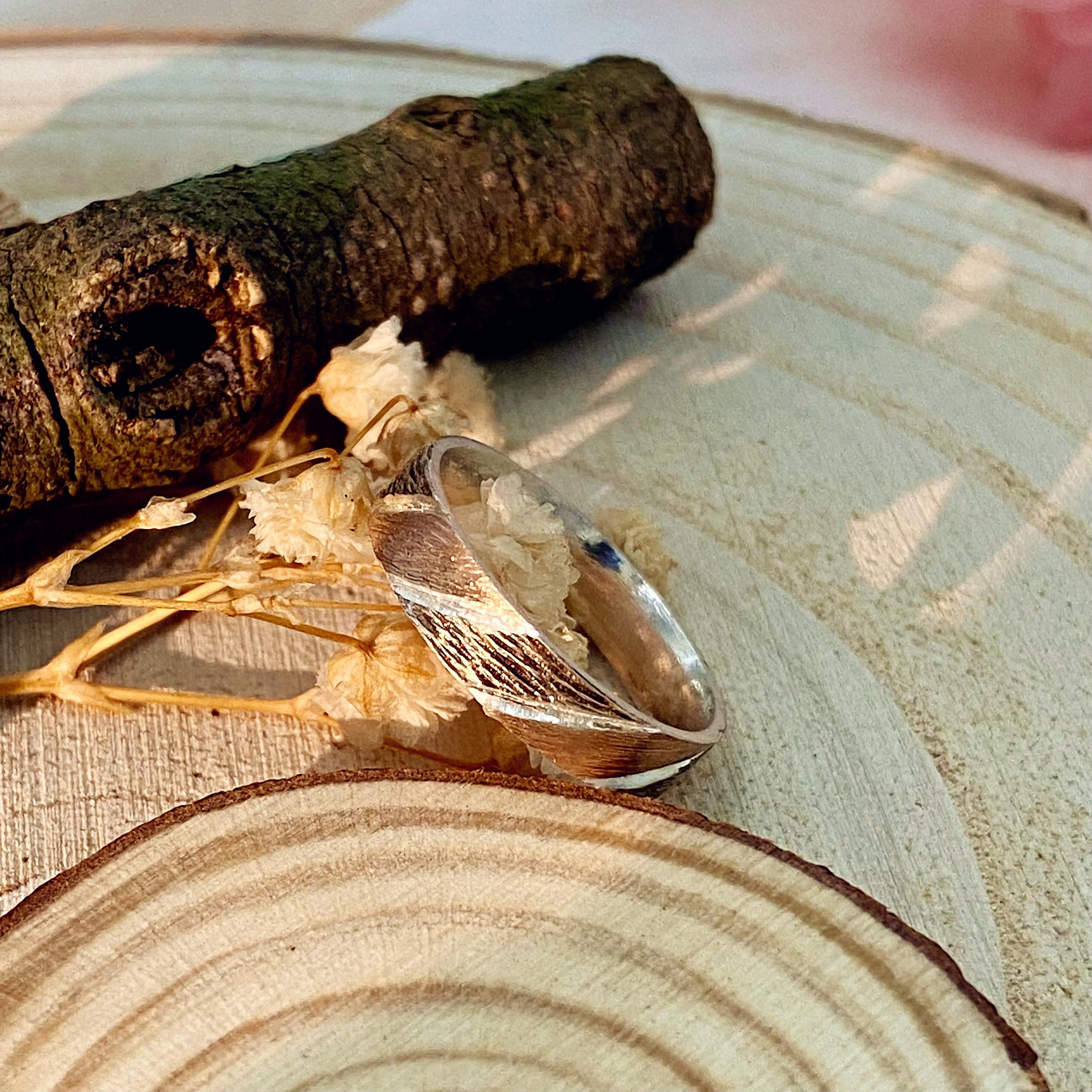 Original design hand carved bark silver ring, geometric band for men and women, unique ring with rose gold plated, engagement band