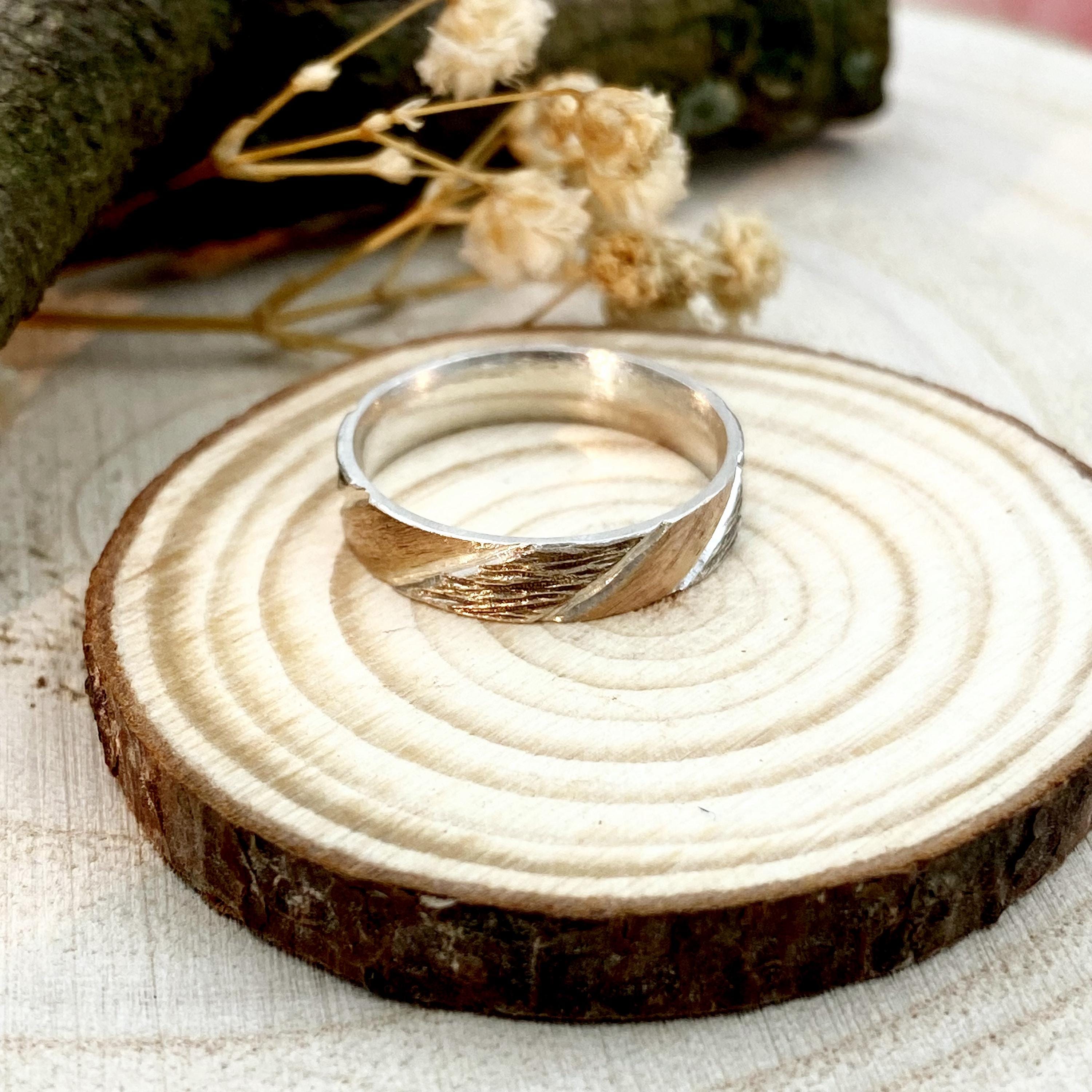 Original design hand carved bark silver ring, geometric band for men and women, unique ring with rose gold plated, engagement band