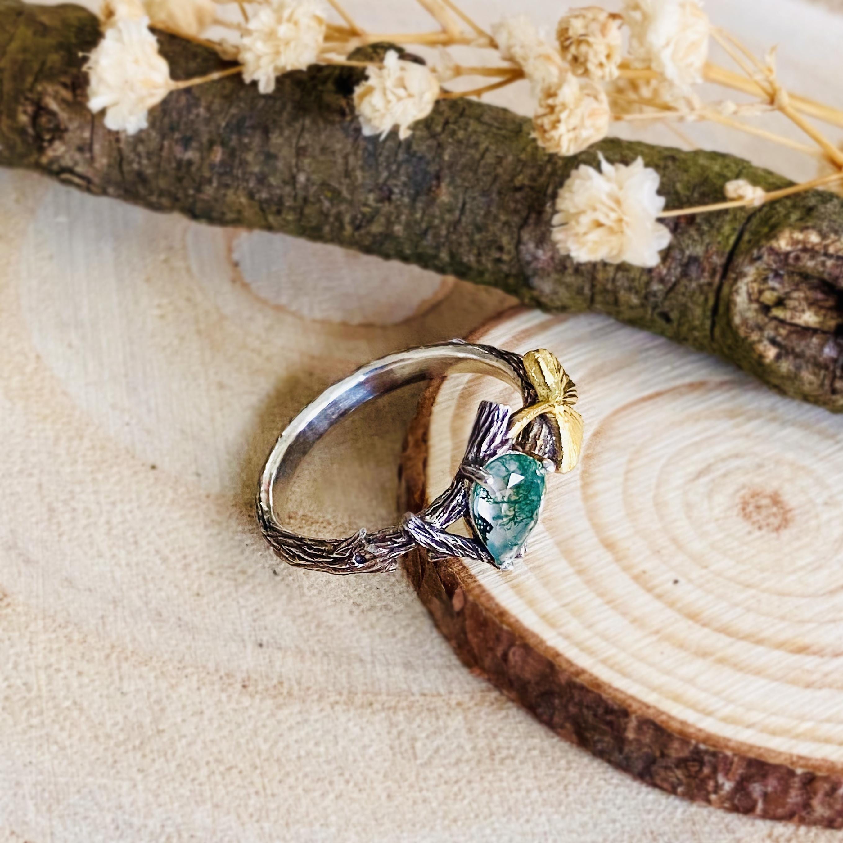 Custom sterling silver natural moss agate branch ring, ginkgo leaf twig ring, birthstone ring, engagement ring, forest promise ring for her