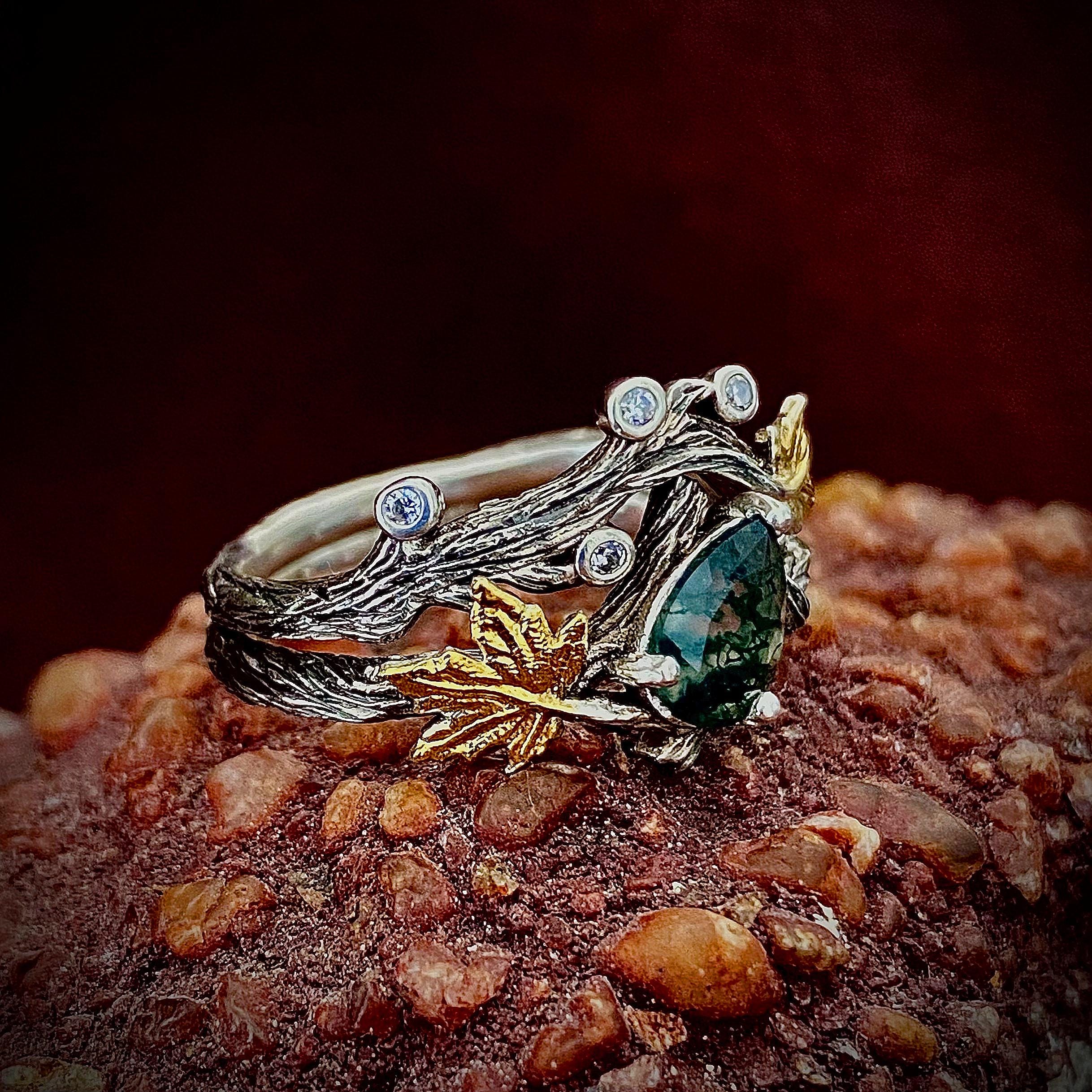 Natural Moss Agate Bracnh Rings Set, Pear Cut Engagement Ring, Twig and Maple Leaf Forest Ring, Wedding Ring, Promise Stackable Rings