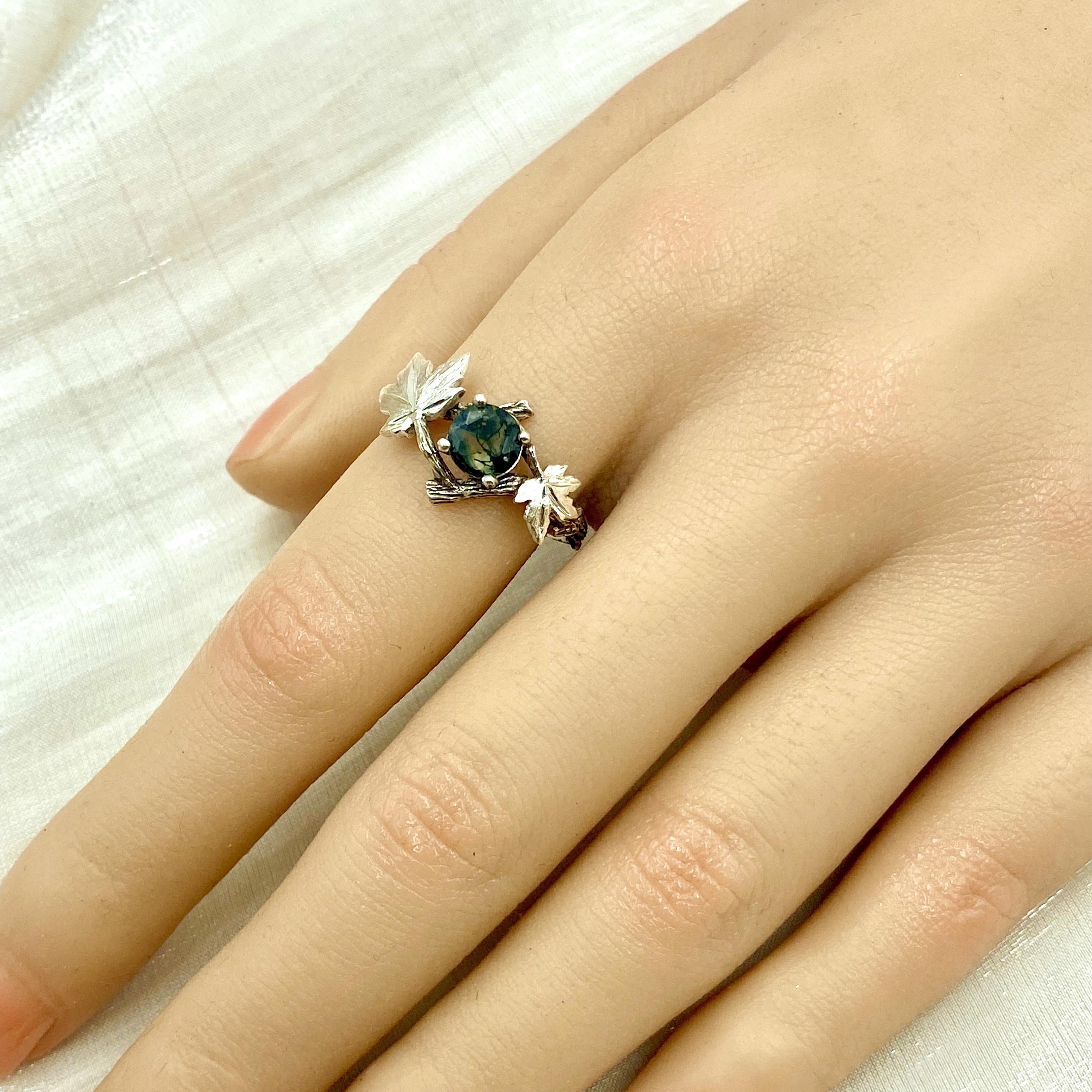 Nature round moss agate branch wedding ring, unusual bark maple leaf ring, unique twig ring, women's rustic ring, branch ring for women