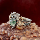 Silver twig wedding ring set for women: forest stackable, natural moss agate, Tree bark, branch, forest bridal, promise, hand-carved