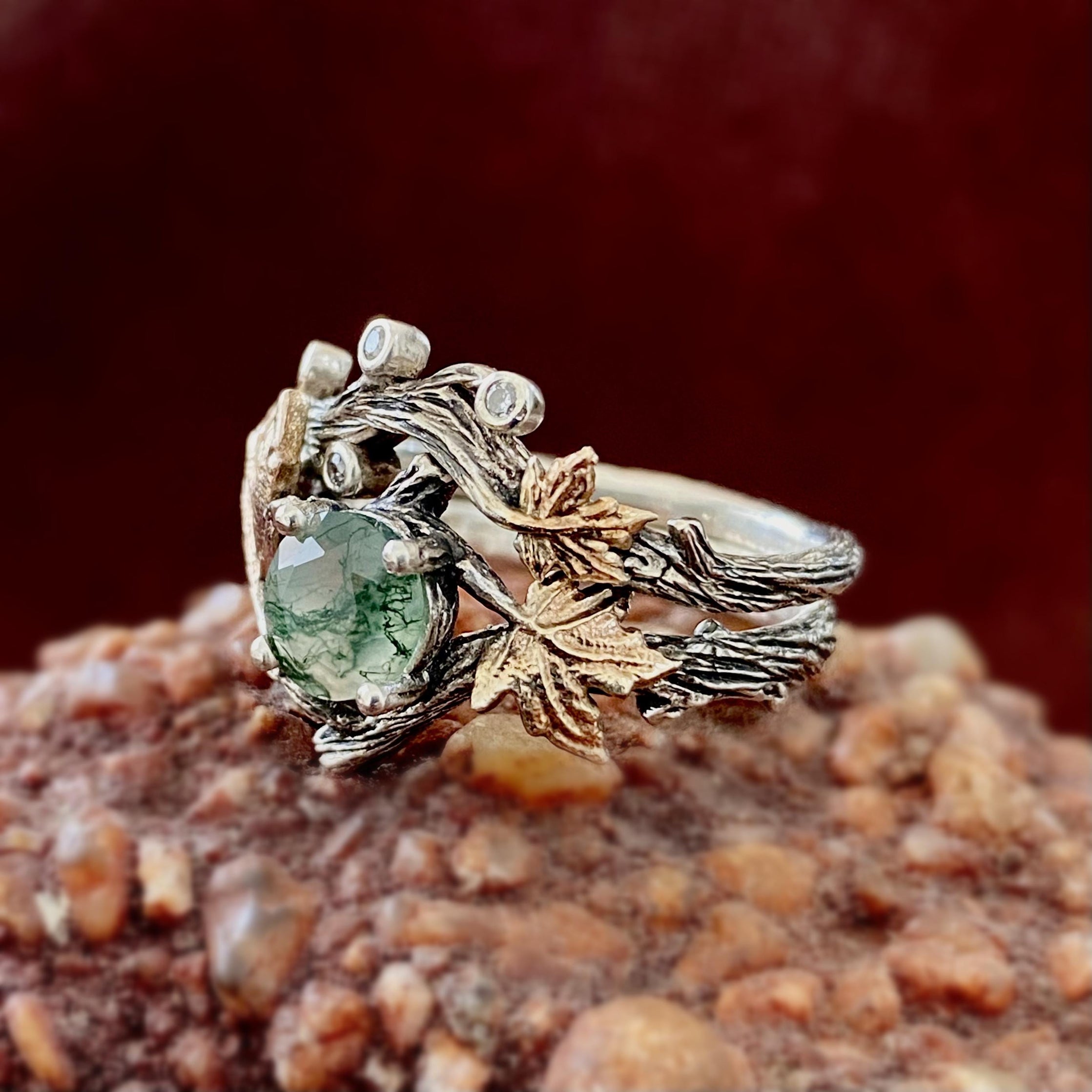 Silver twig wedding ring set for women: forest stackable, natural moss agate, Tree bark, branch, forest bridal, promise, hand-carved