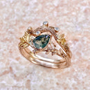 Natural moss agate silver branch ring set, personalized branch stacking rings, rose gold vine leaf ring, twig engagement ring, promise ring