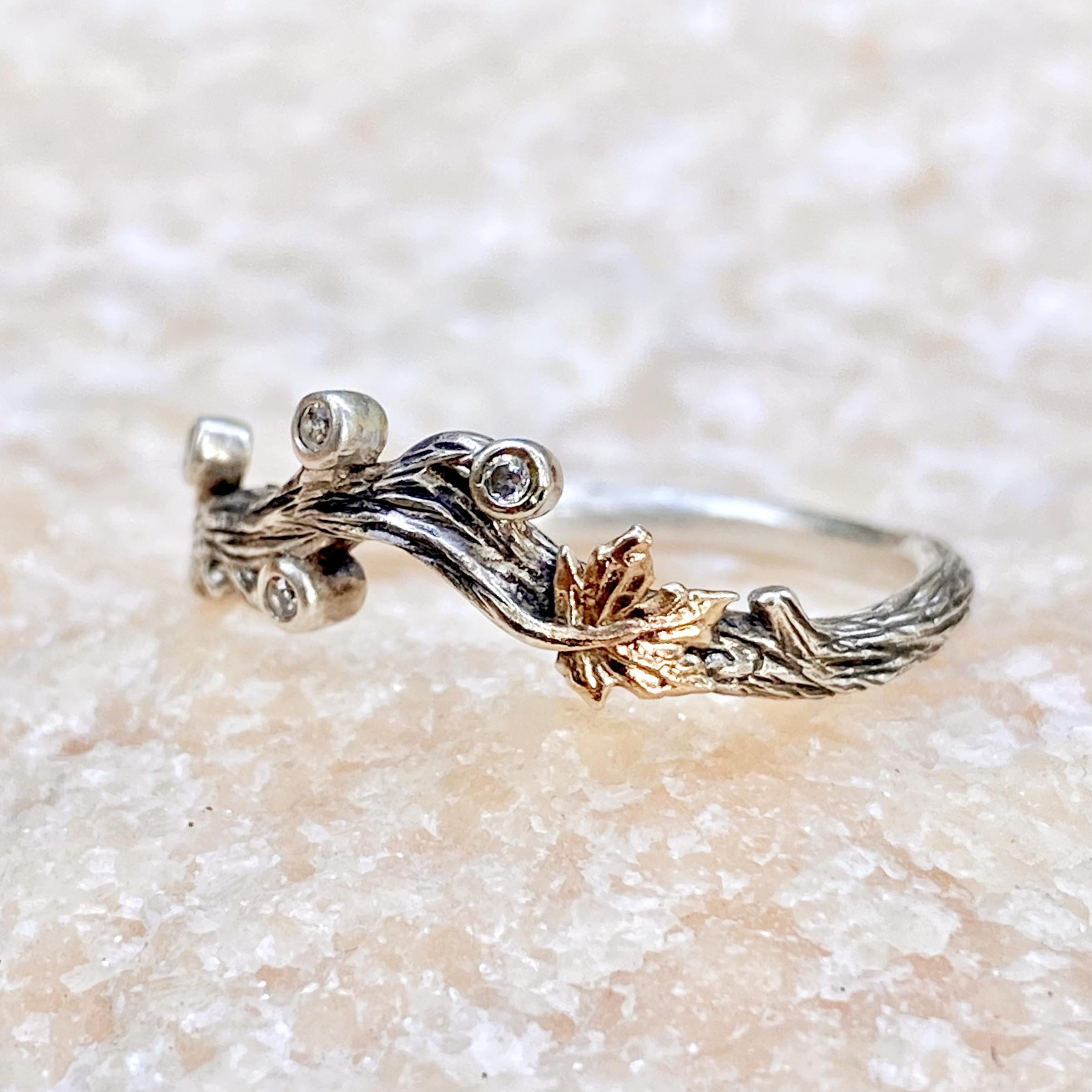 Sterling silver vintage bark texture ring, hand-carved natural style rose gold leaf ring, branch gemstone ring, wedding band, promise ring