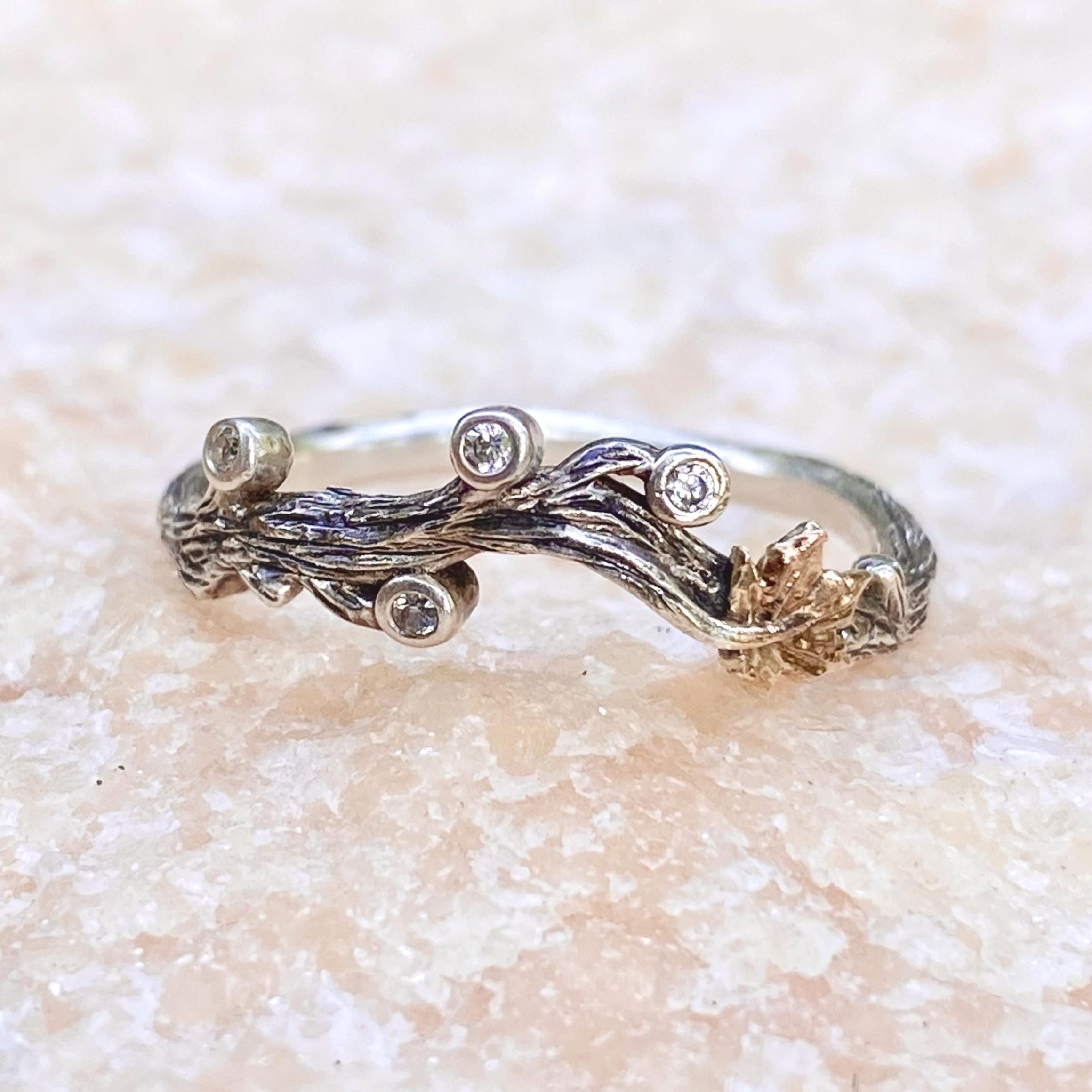 Sterling silver vintage bark texture ring, hand-carved natural style rose gold leaf ring, branch gemstone ring, wedding band, promise ring